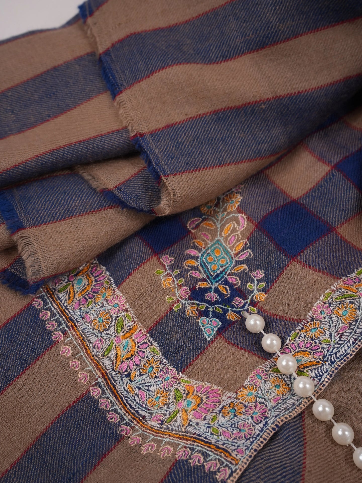 Check Handwoven Pashmina Shawl with Hashia Hand Sozni Embroidery Shahkaar.com