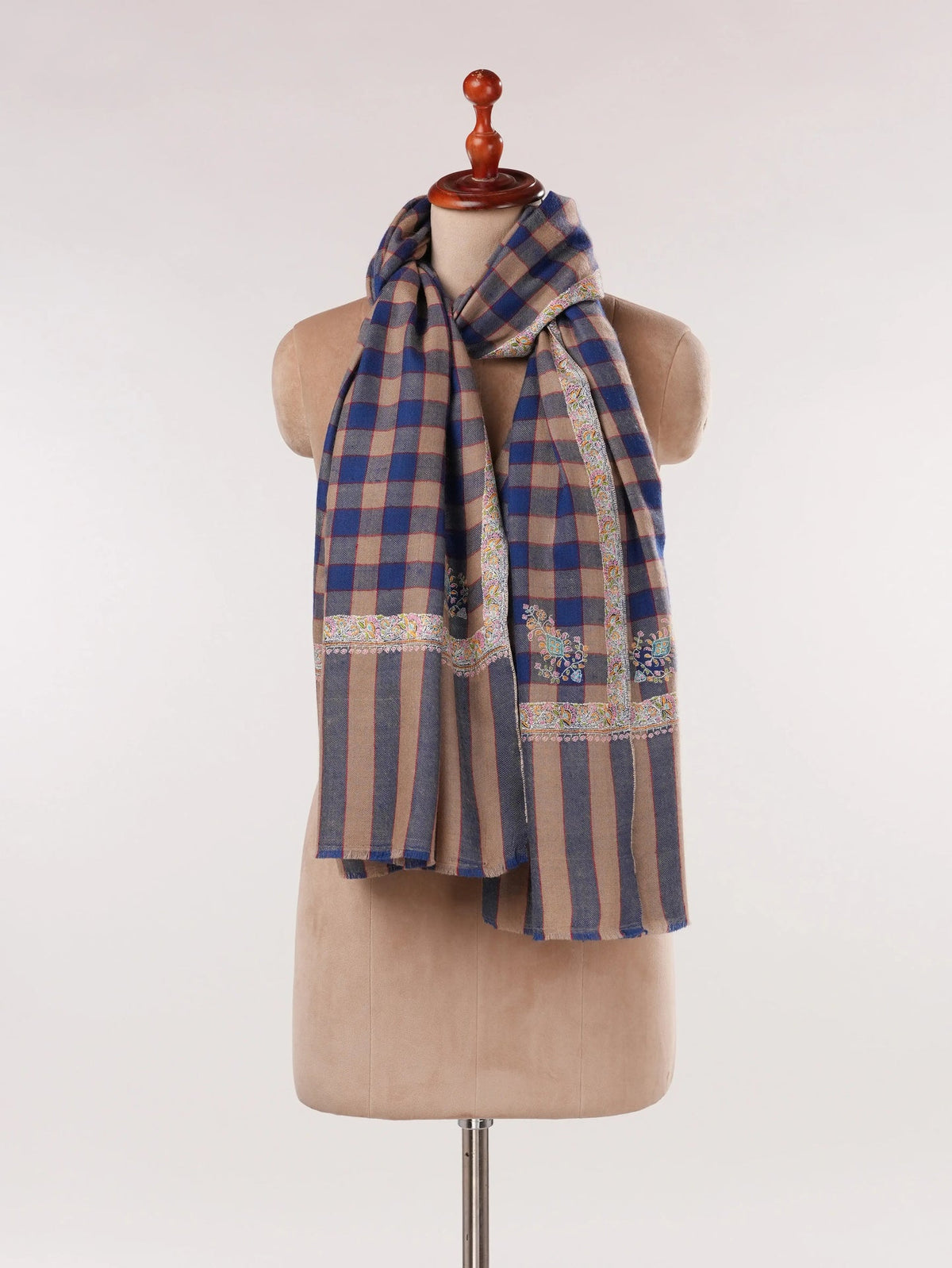 Check Handwoven Pashmina Shawl with Hashia Hand Sozni Embroidery Shahkaar.com