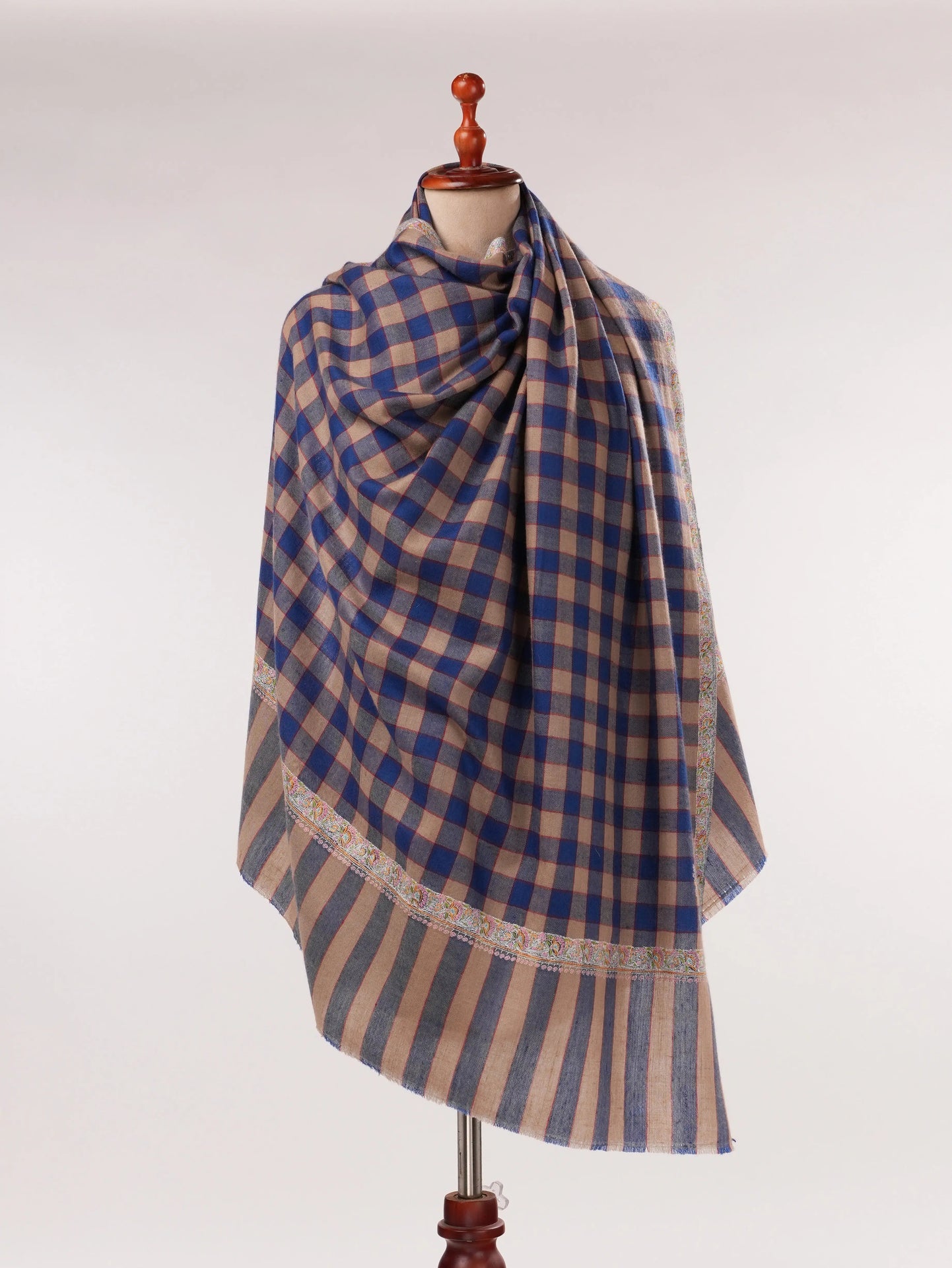 Check Handwoven Pashmina Shawl with Hashia Hand Sozni Embroidery Shahkaar.com