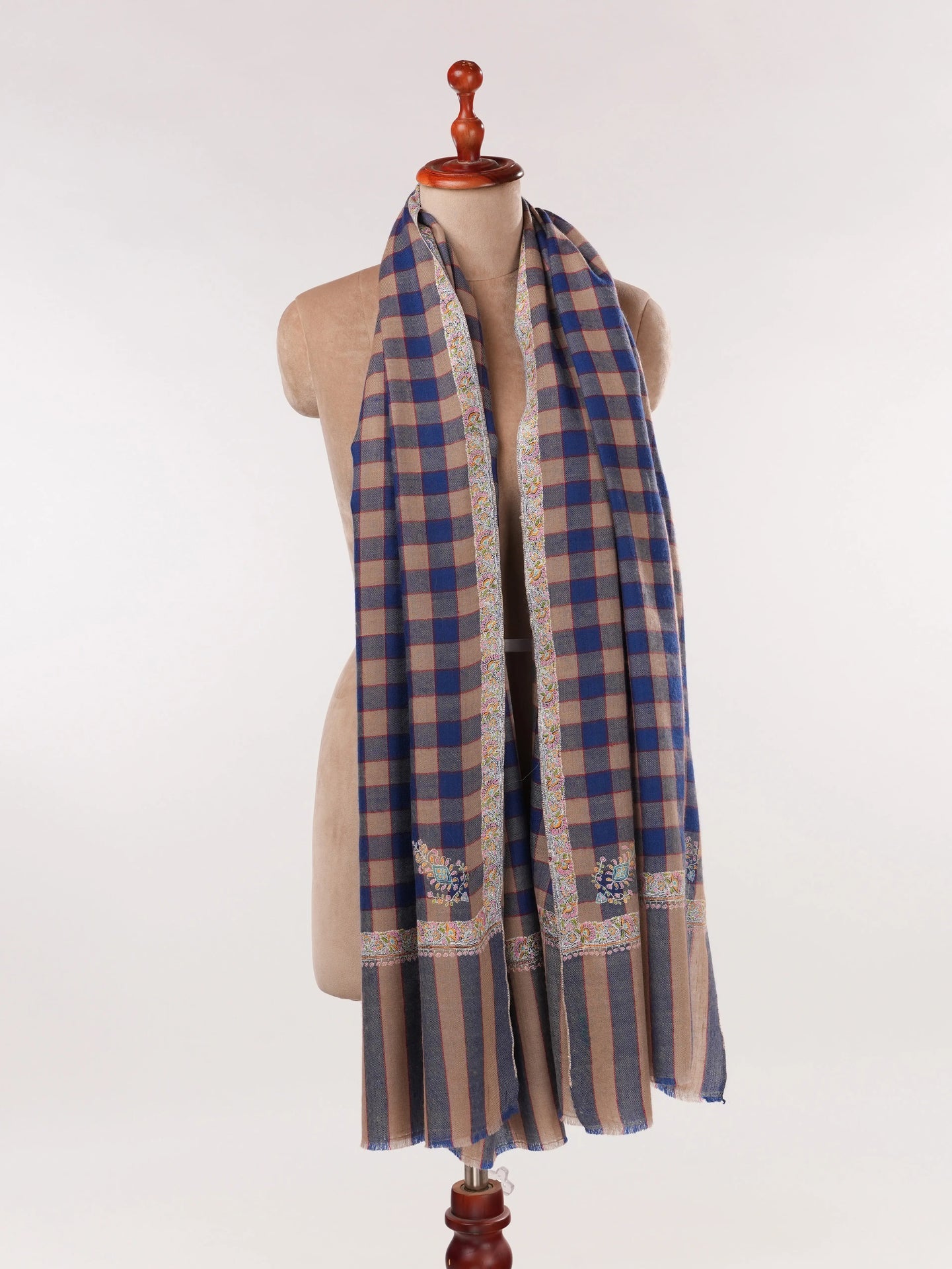 Check Handwoven Pashmina Shawl with Hashia Hand Sozni Embroidery Shahkaar.com
