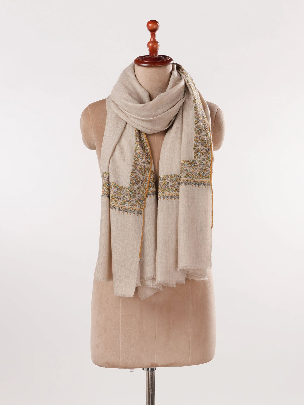 Beige Kashmiri Pure Pashmina Shawl with Neemdaur Hand Sozni Embroidery Shahkaar.com