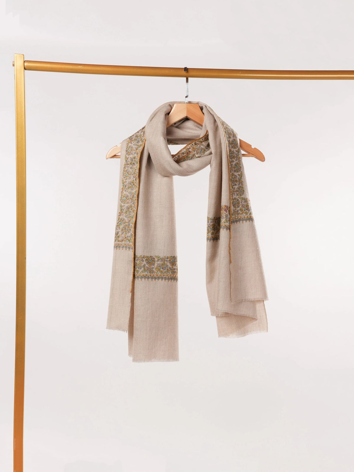 Beige Kashmiri Pure Pashmina Shawl with Neemdaur Hand Sozni Embroidery Shahkaar.com