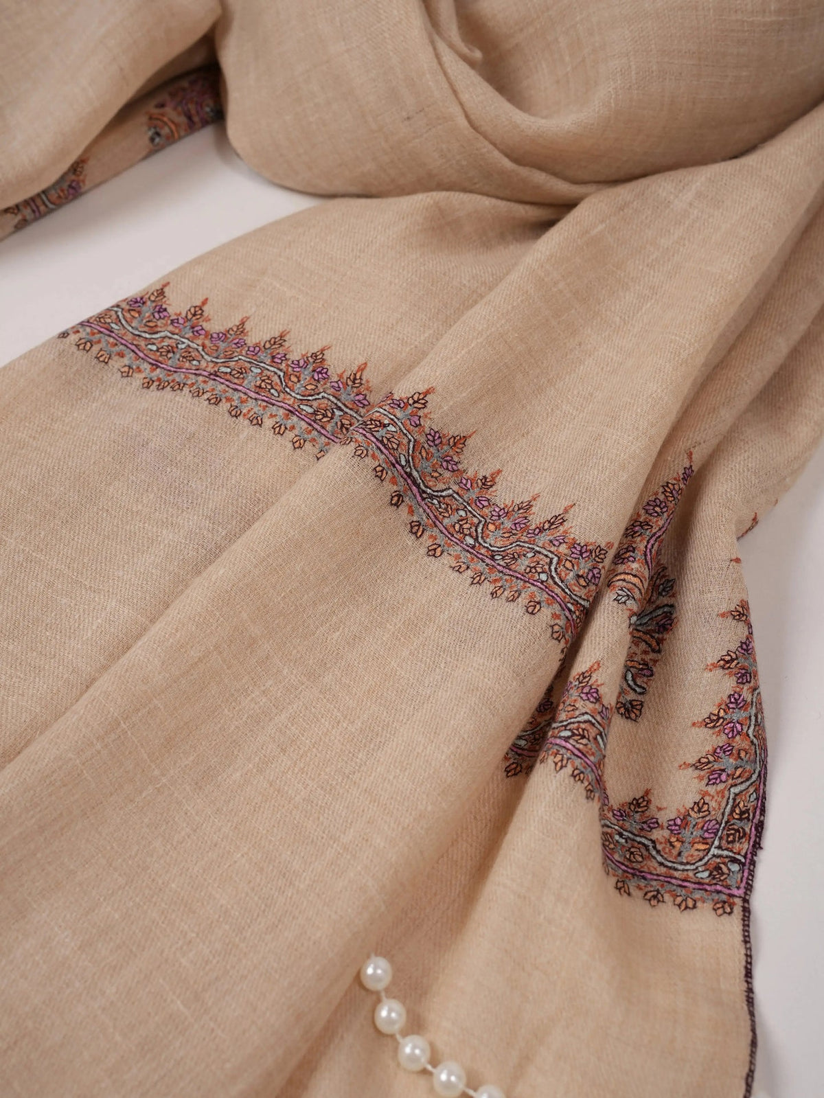 Lightweight Natural Off White Pashmina Shawl with Hashidar Sozni Embroidery