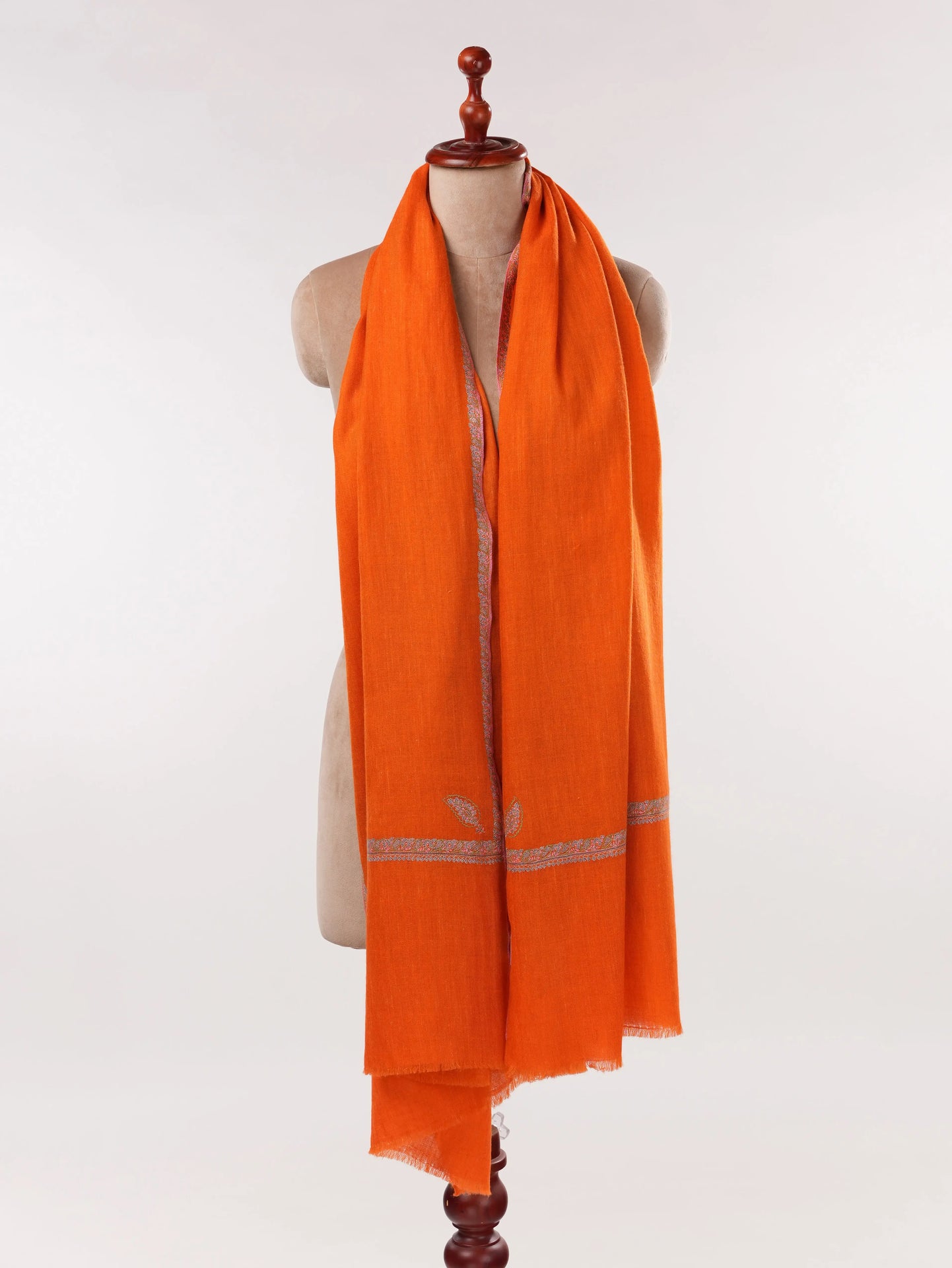 Orange Pure Pashmina Shawl with Baildar Hand Sozni Embroidery Shahkaar.com