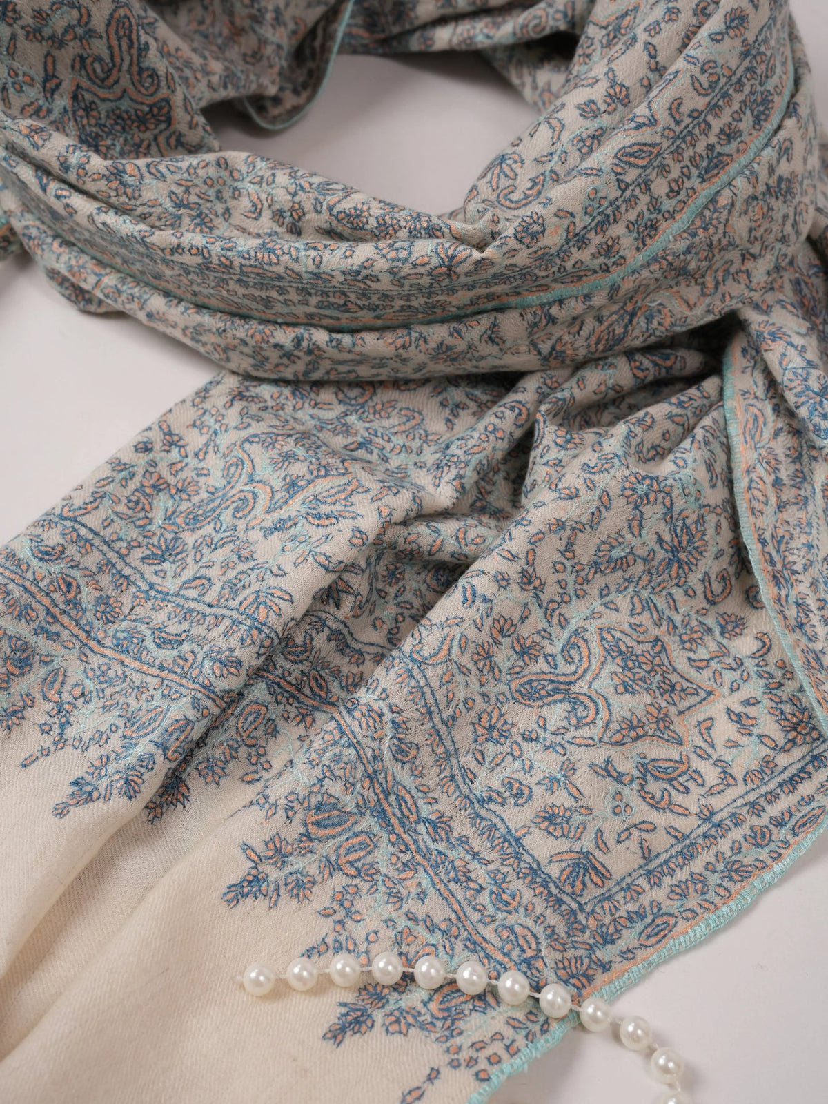 Natural White Original Cashmere Scarf with Jamawar Embroidery