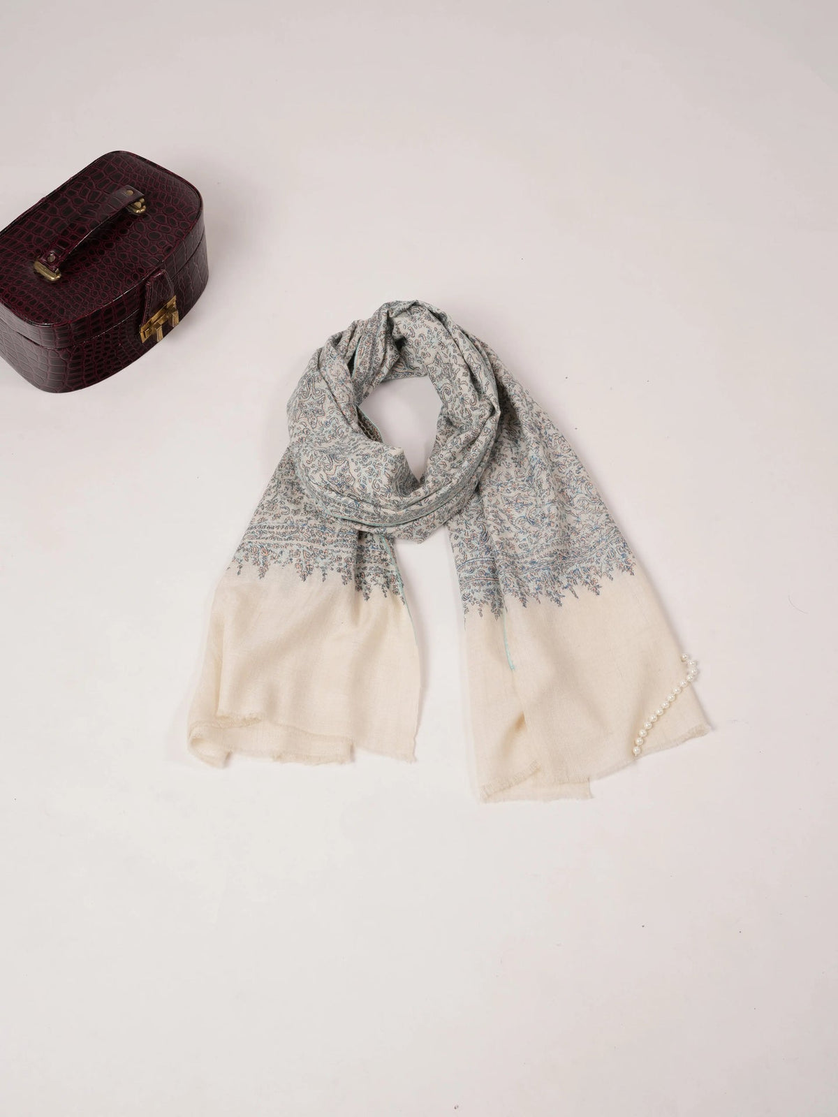 Natural White Original Cashmere Scarf with Jamawar Embroidery