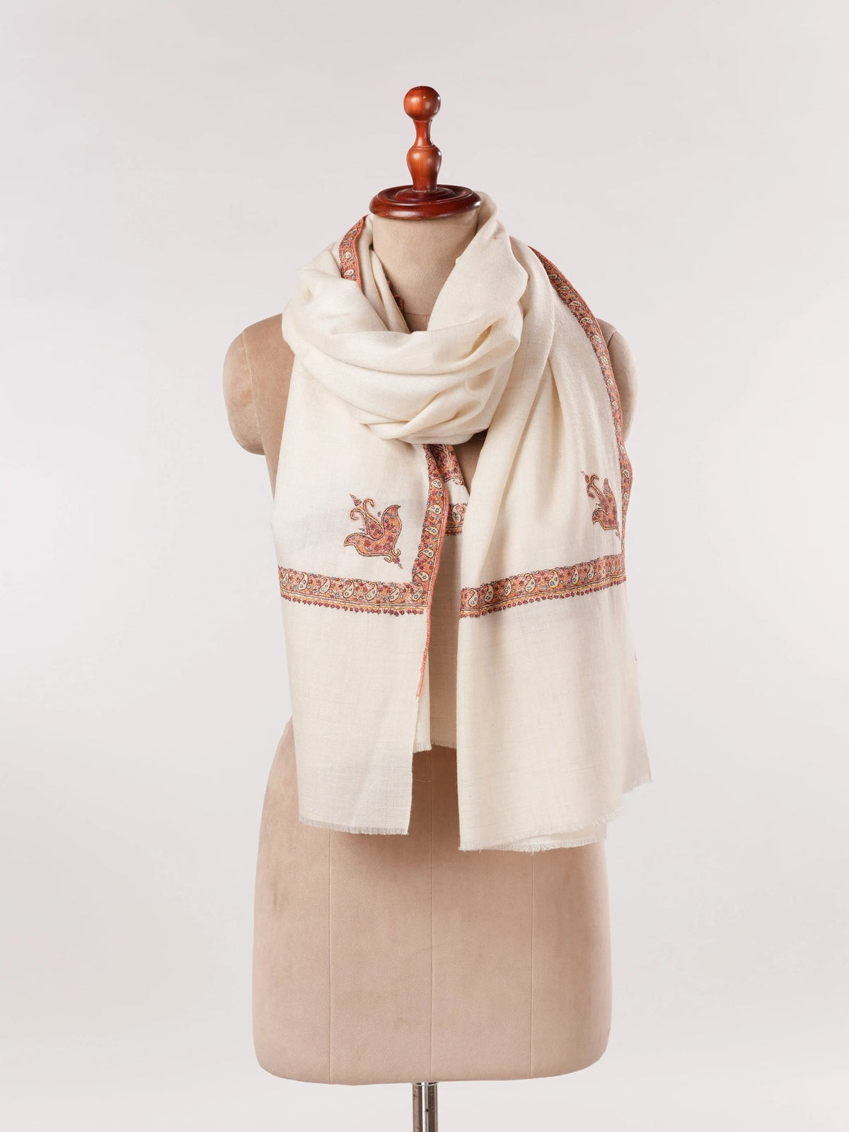 White Handwoven Pashmina Shawl with Hashidaar Sozni Embroidery