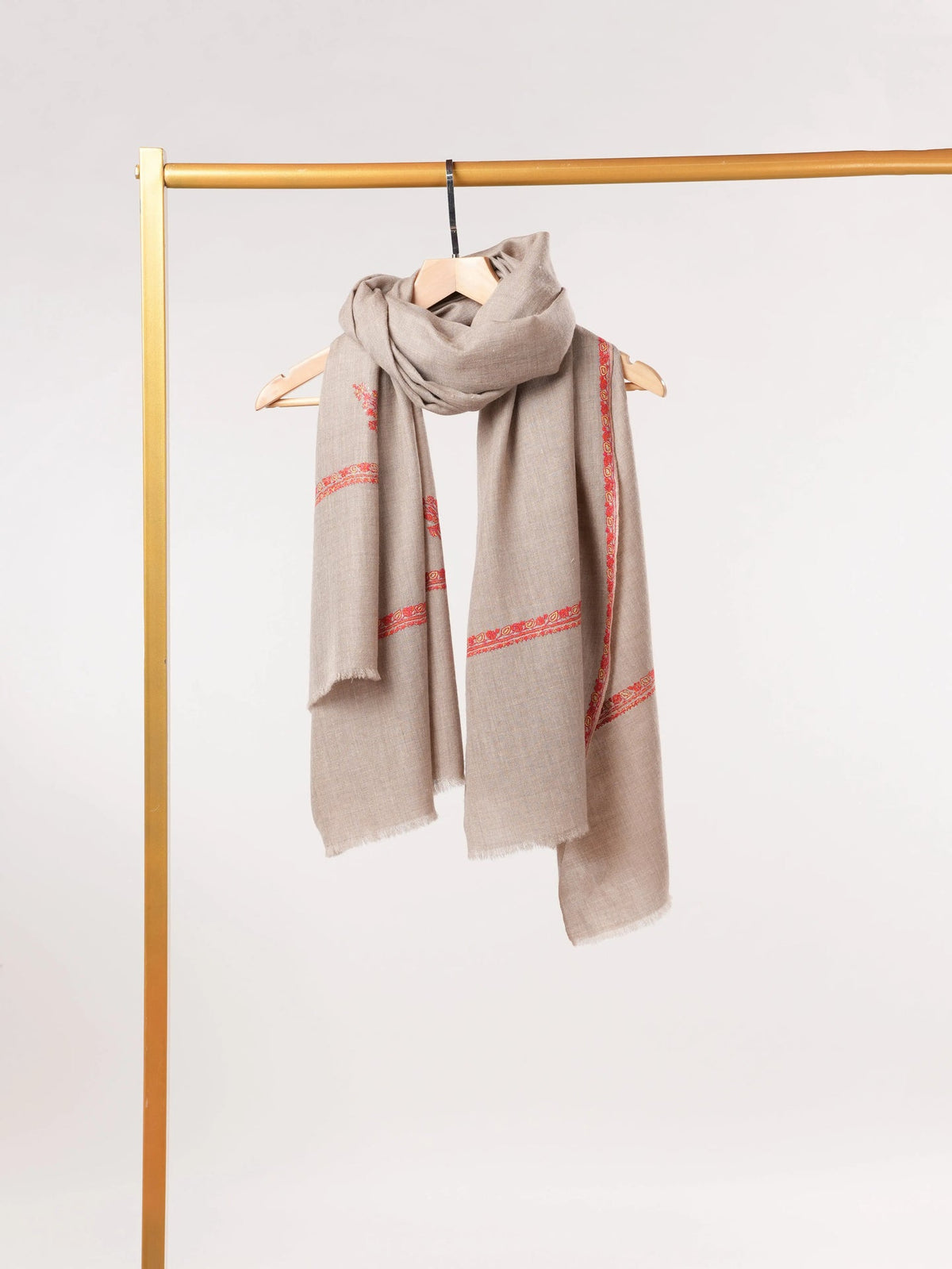 Handwoven Pure Pashmina Natural Beige Shawl with Baildar Sozni Embroidery