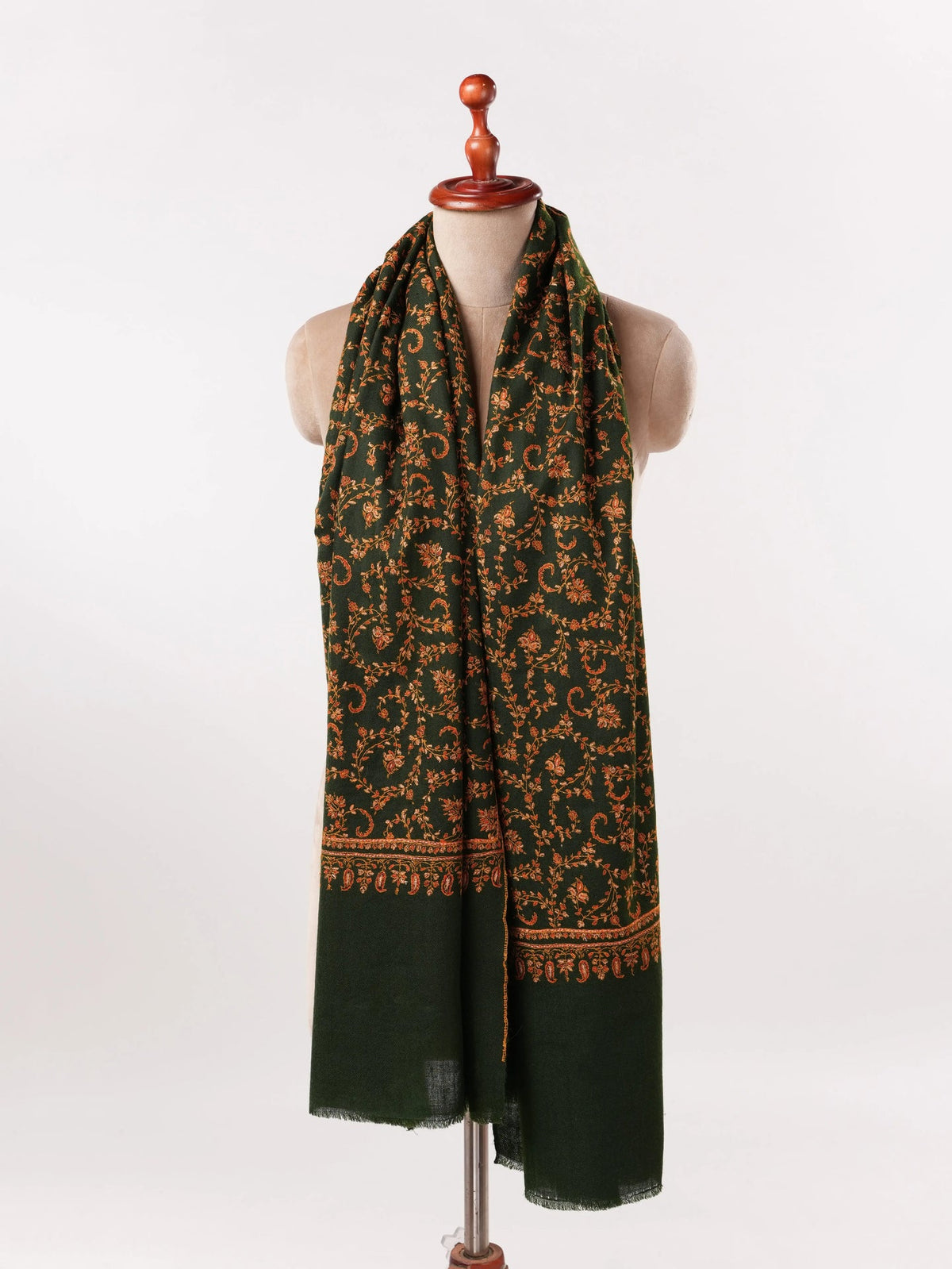 Dark Green Soft Cashmere Scarf with Jali Hand Embroidery