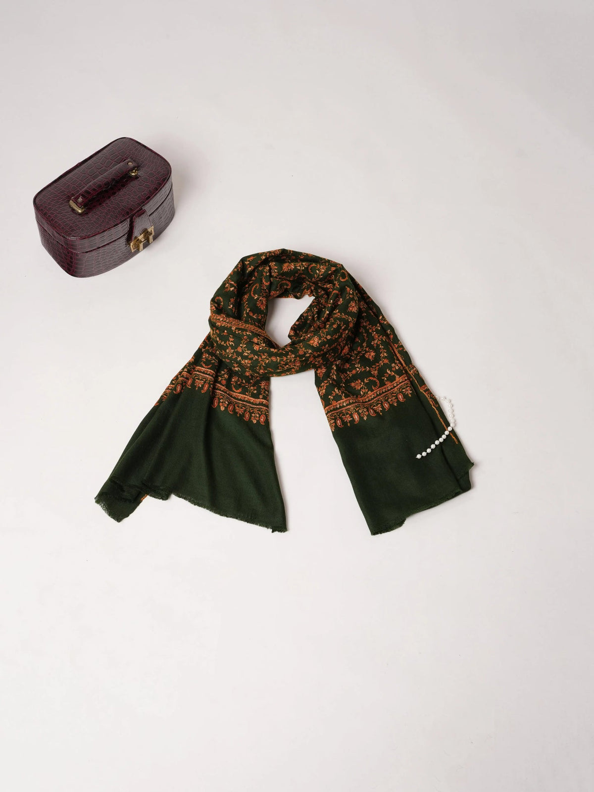 Dark Green Soft Cashmere Scarf with Jali Hand Embroidery