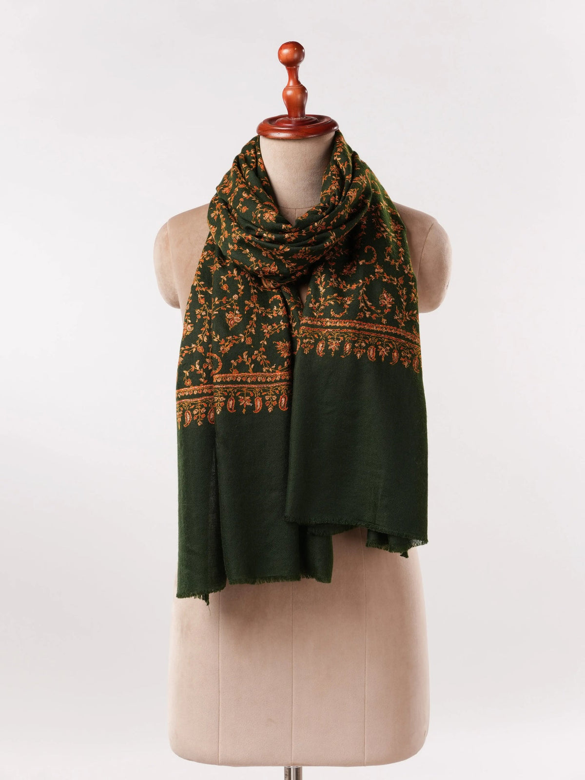 Dark Green Soft Cashmere Scarf with Jali Hand Embroidery