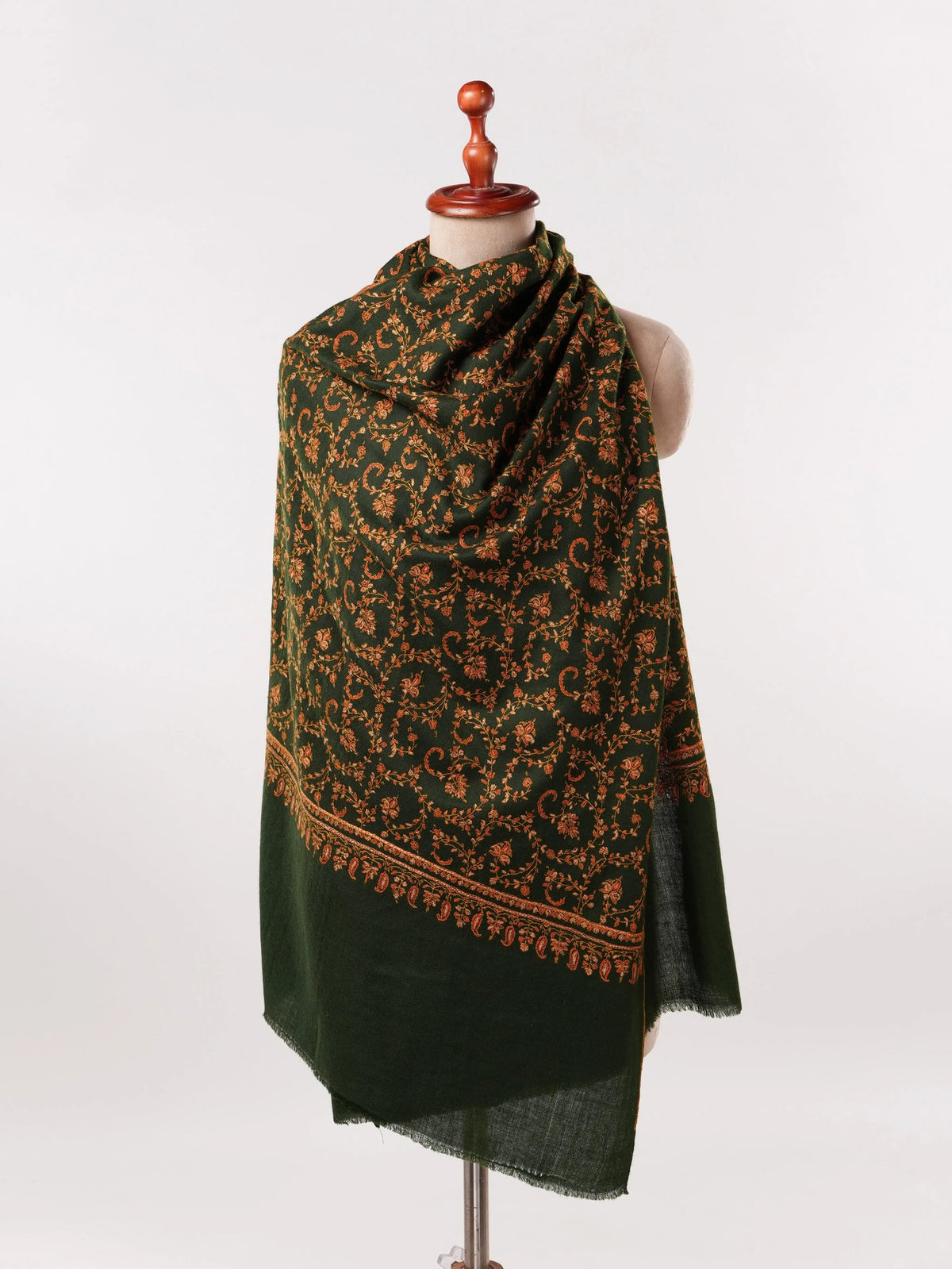 Dark Green Soft Cashmere Scarf with Jali Hand Embroidery