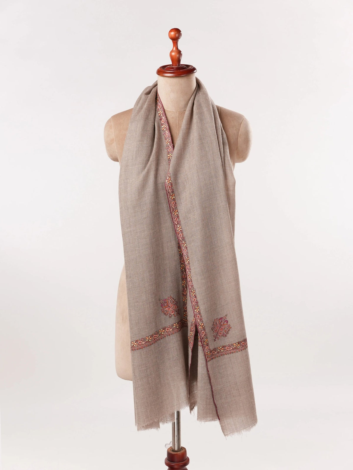 Beige Sozni Hashia Embroidered Handwoven Pure Cashmere Scarf