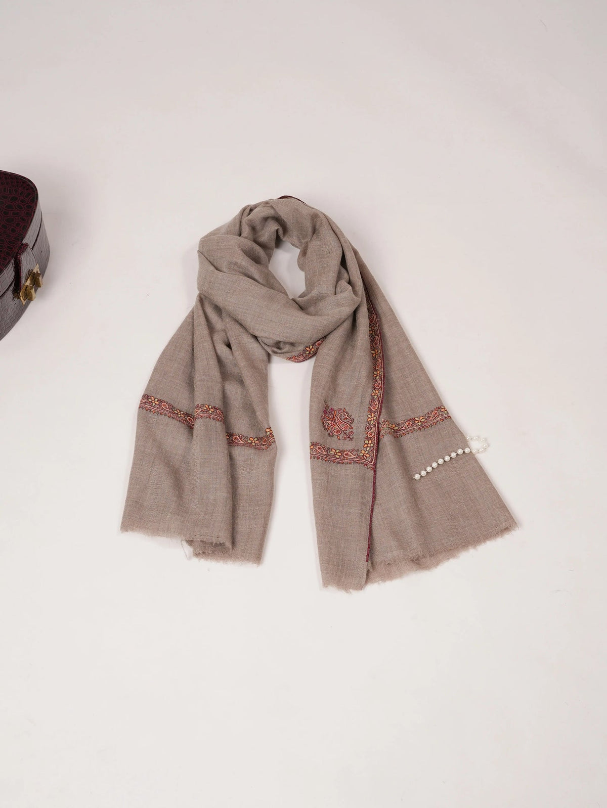 Beige Sozni Hashia Embroidered Handwoven Pure Cashmere Scarf