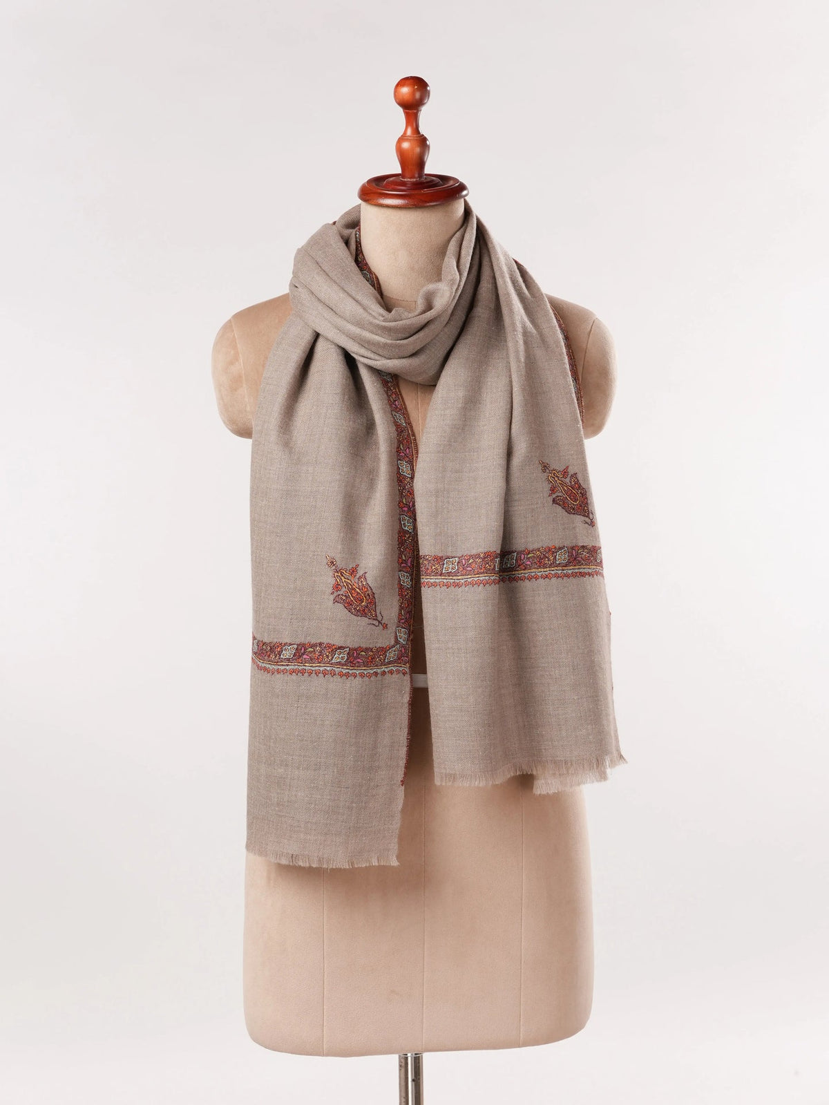 Natural Beige Classic Cashmere Scarf with Hashia Embroidery