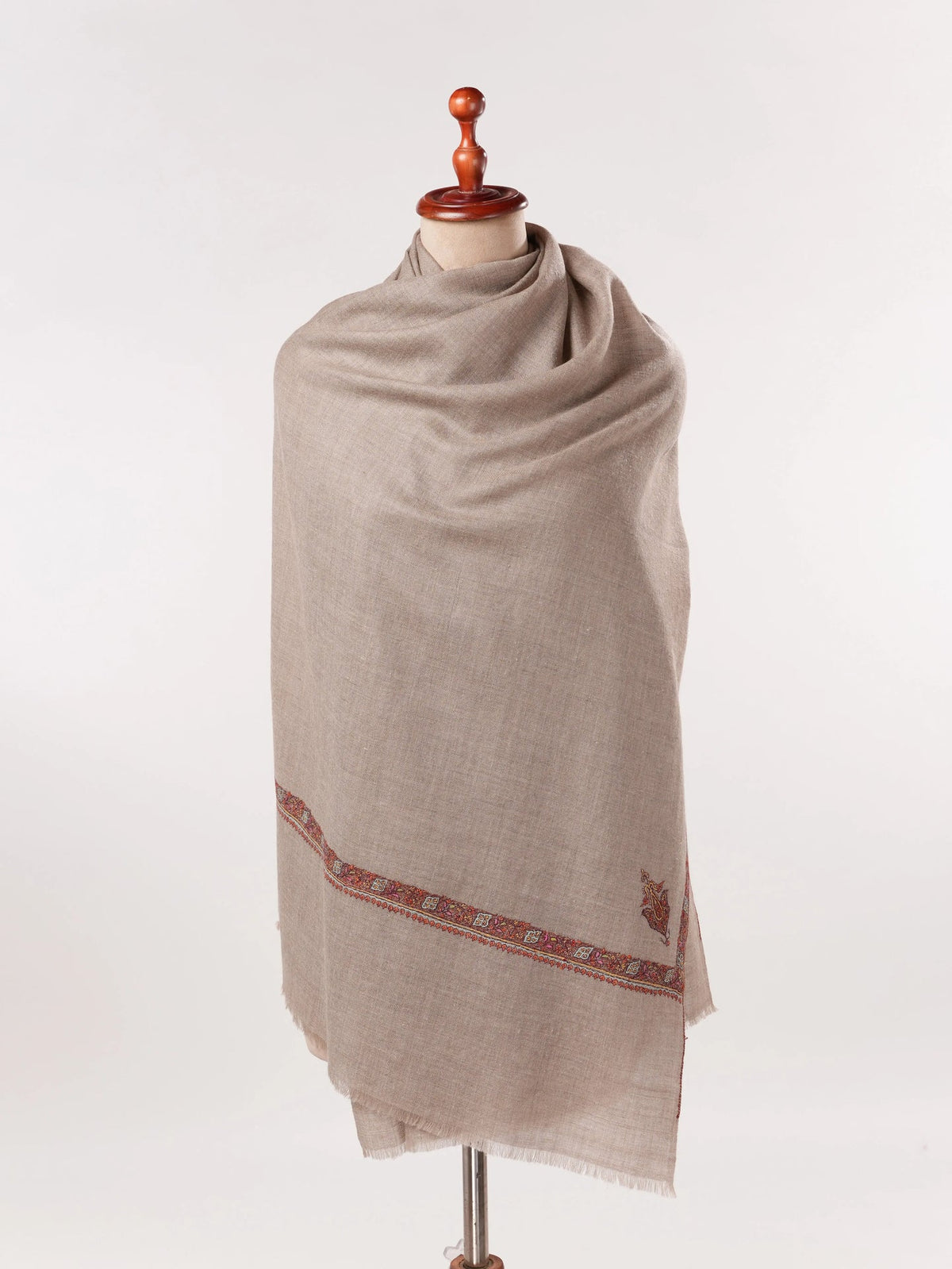Natural Beige Classic Cashmere Scarf with Hashia Embroidery