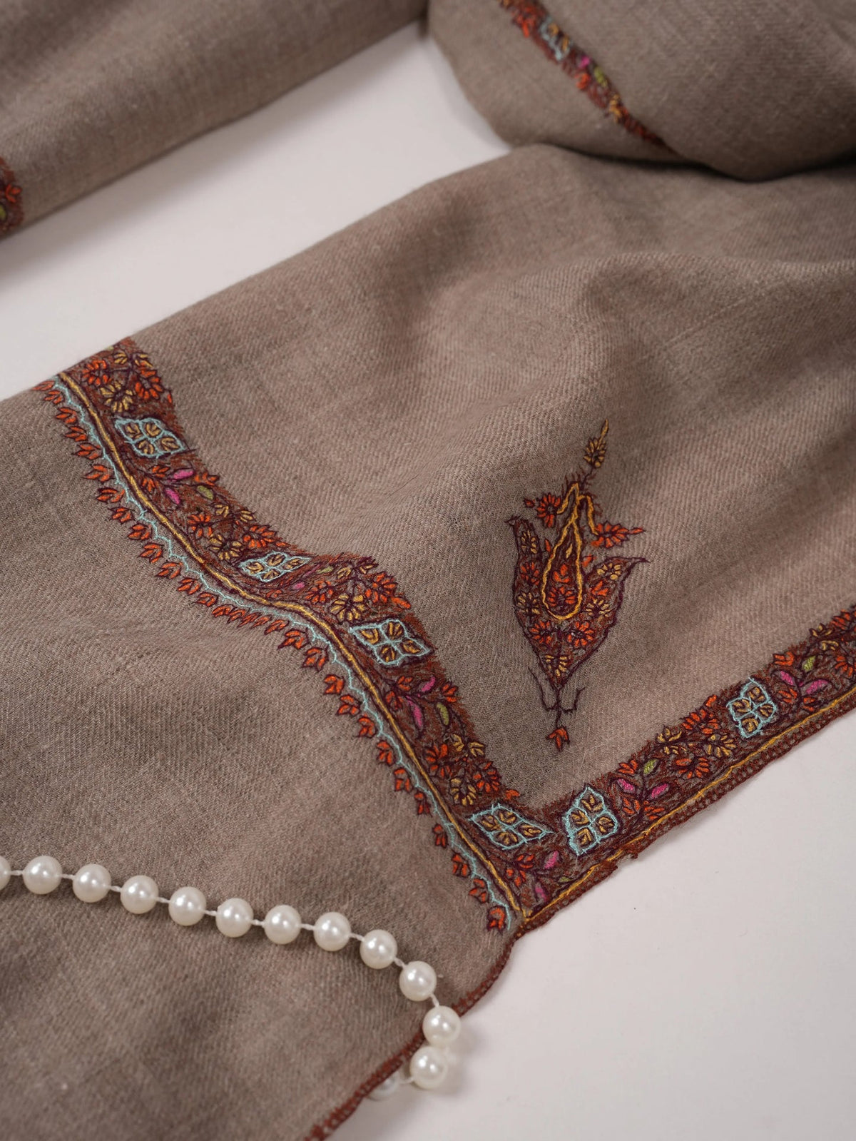 Natural Beige Classic Cashmere Scarf with Hashia Embroidery