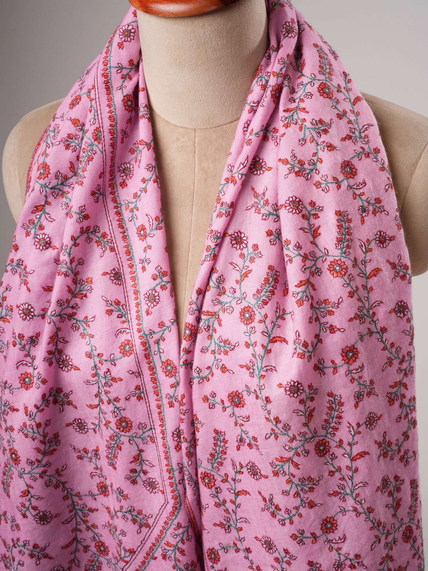 Pink Hand Embroidered Indian Pashmina Shawl with Sozni Embroidery Shahkaar