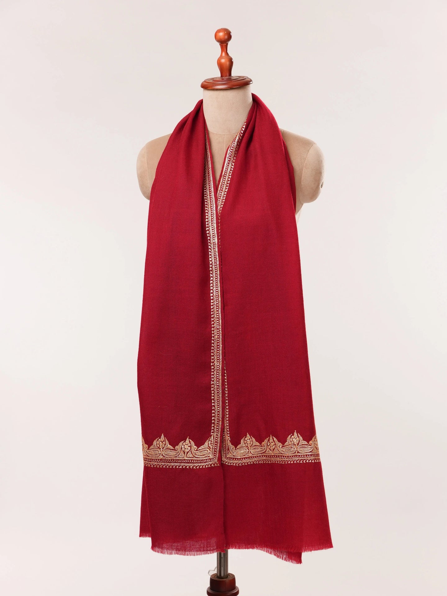 Rich Crimson Red Baby Soft Cashmere Scarf with Gold Tilla Embroidery Shahkaar.com