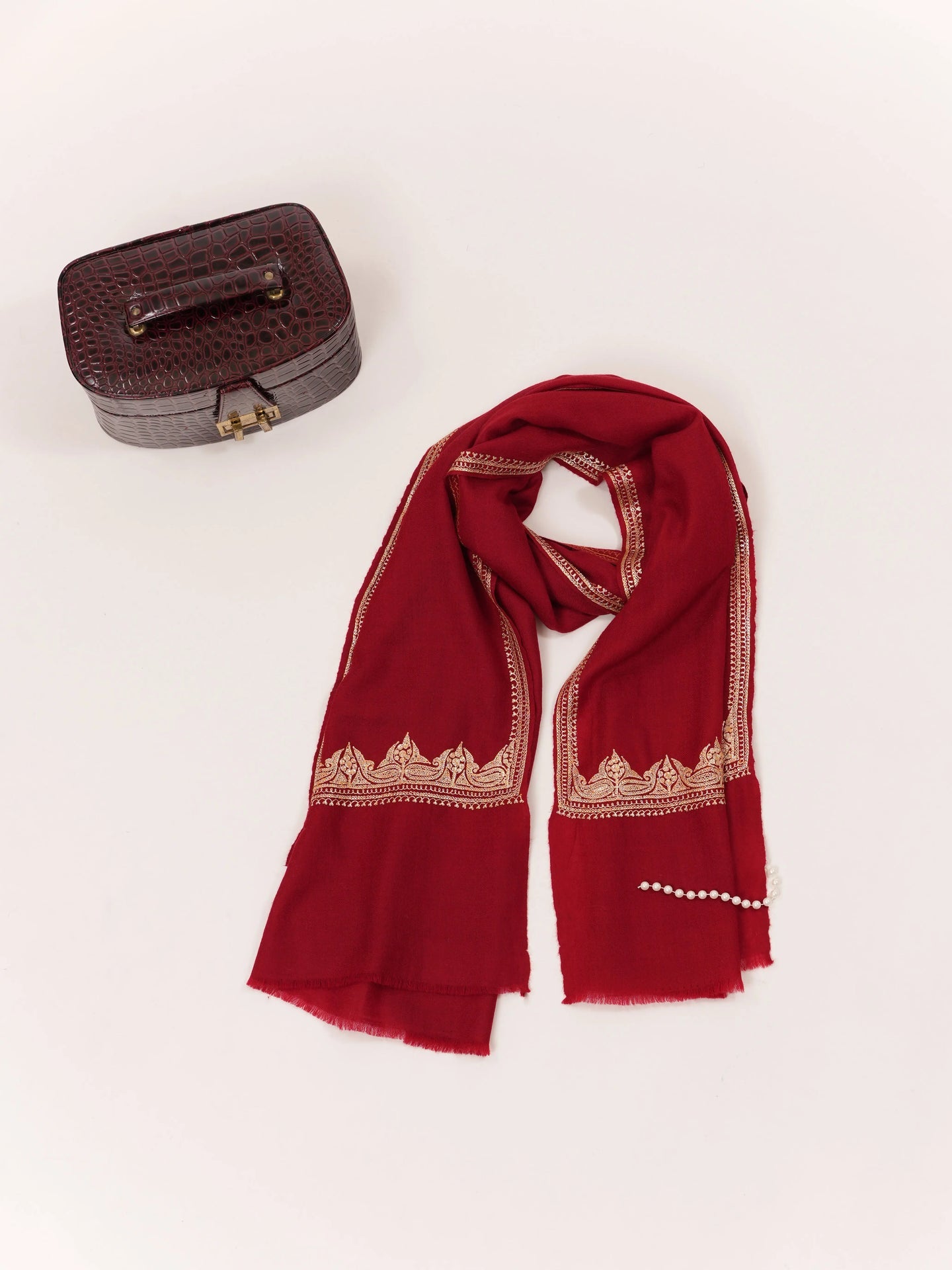 Rich Crimson Red Baby Soft Cashmere Scarf with Gold Tilla Embroidery Shahkaar.com