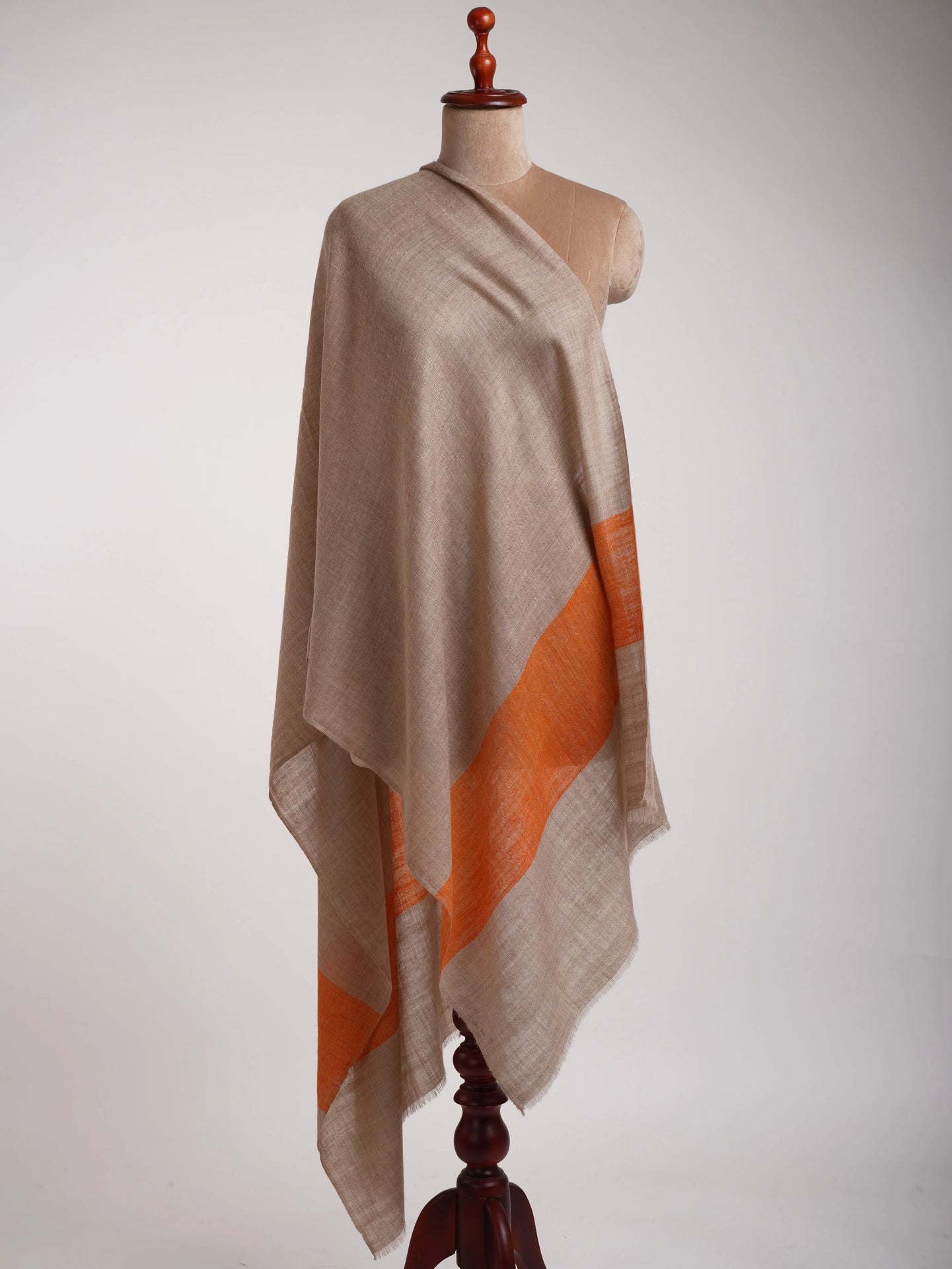 Natural Grey Cashmere Scarf with Orange Palla Ends | Artisan Crafted Shahkaar