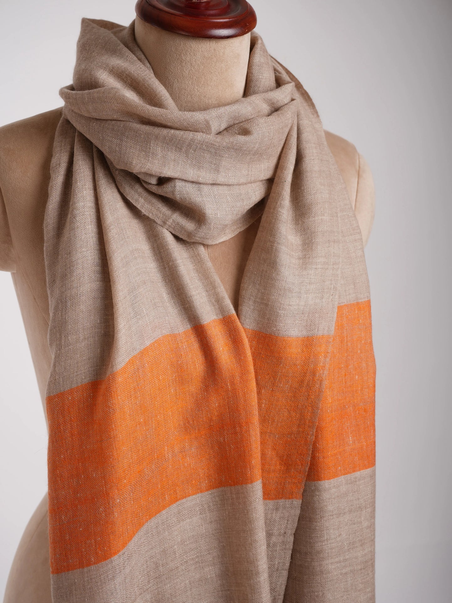 Natural Grey Cashmere Scarf with Orange Palla Ends | Artisan Crafted Shahkaar