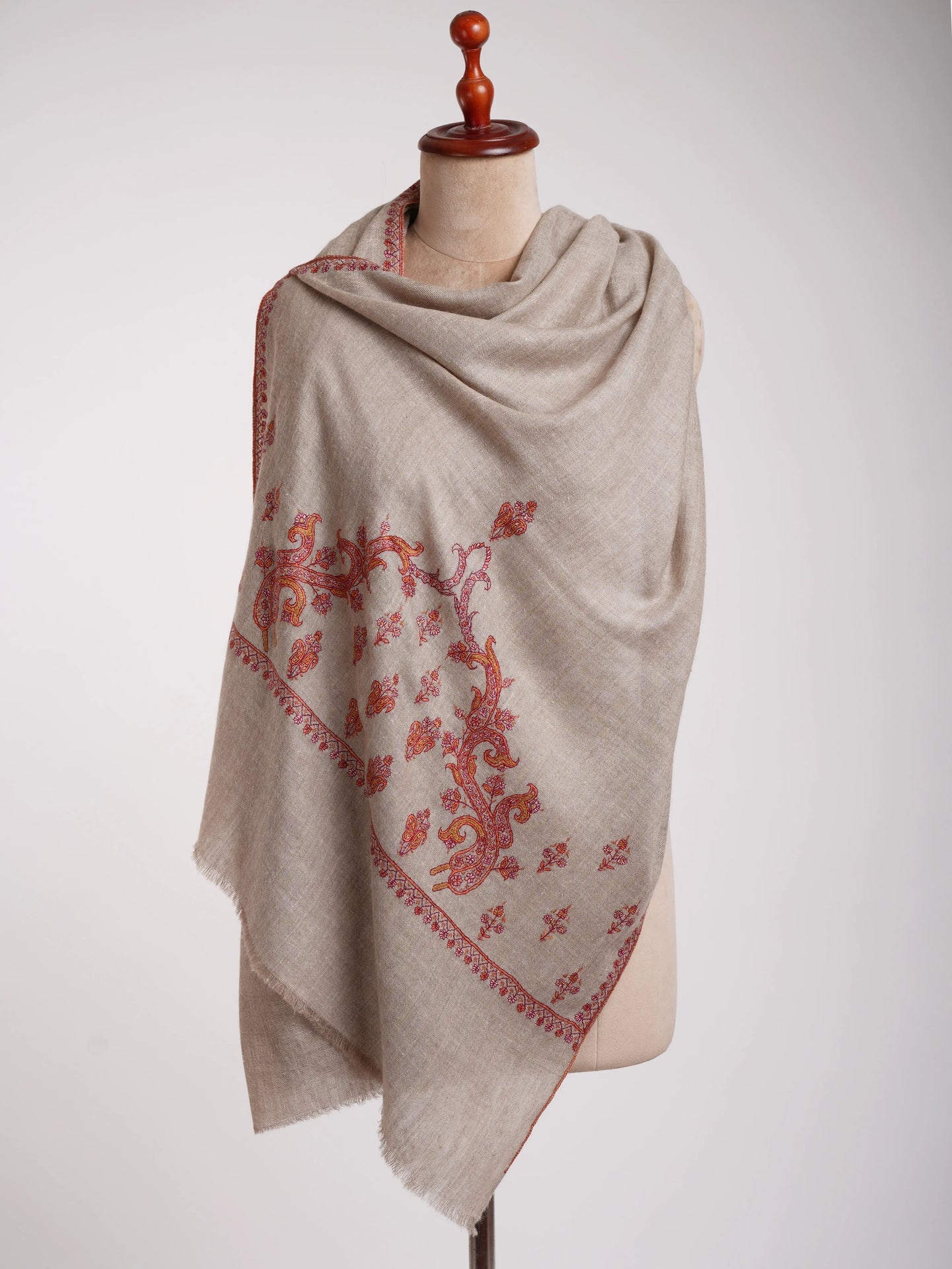 Luxurious Natural Grey Cashmere Wrap with Palla Embroidery Shahkaar