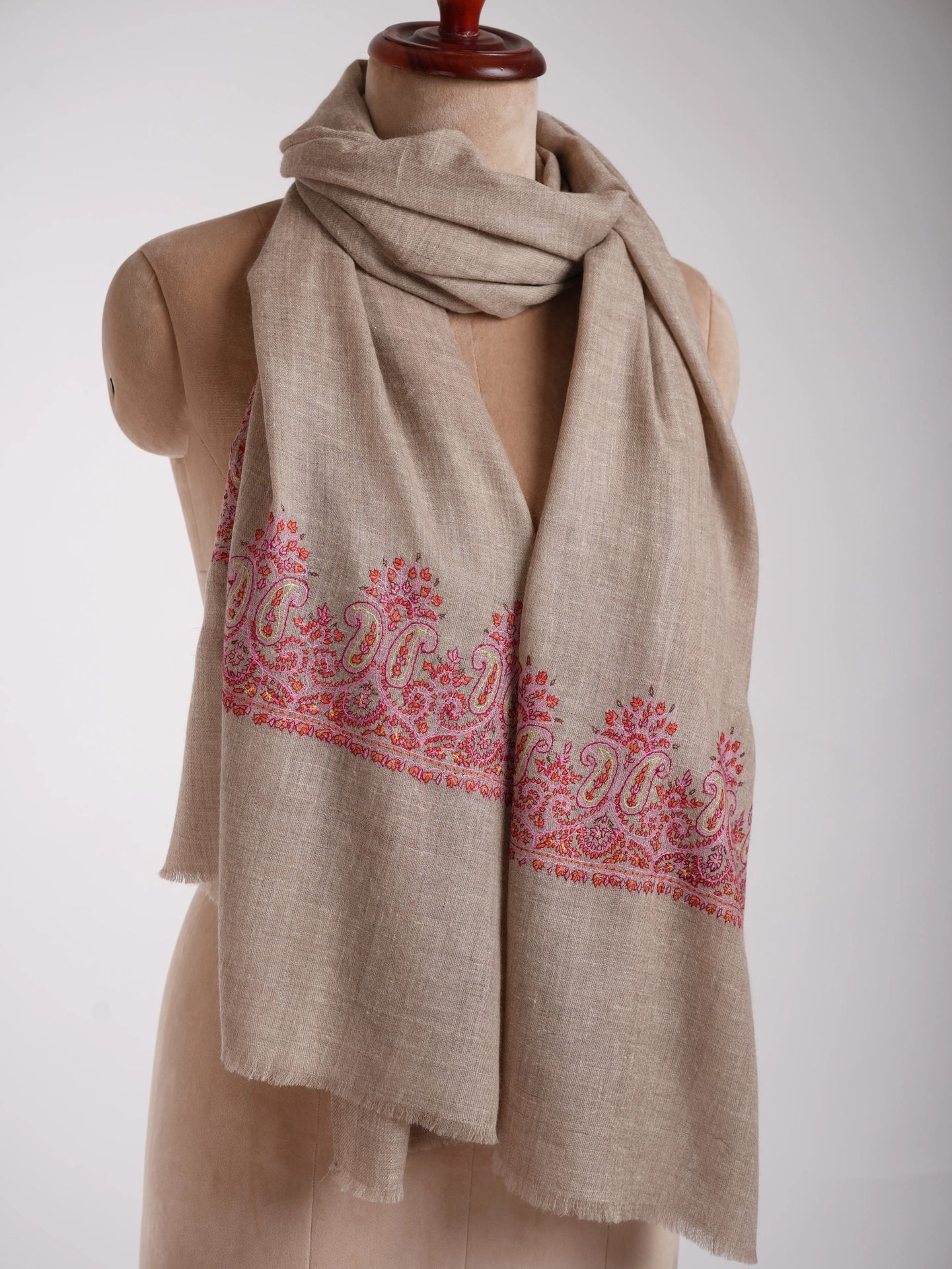 Grey Baby-Soft Cashmere Scarf with Hand Embroidered Palla Shahkaar