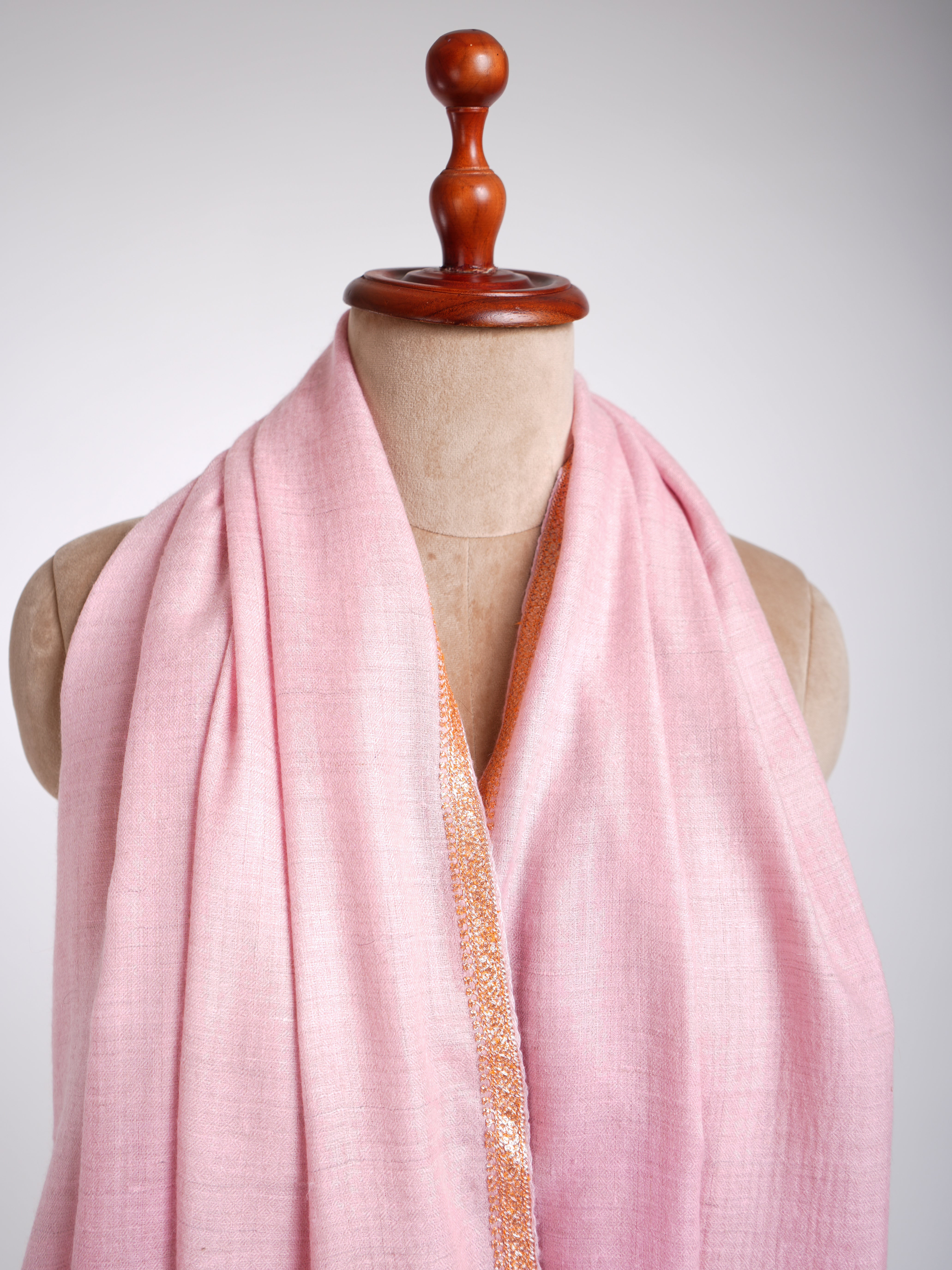 Tilla Work Golden Embroidery Pink Pashmina Shawl