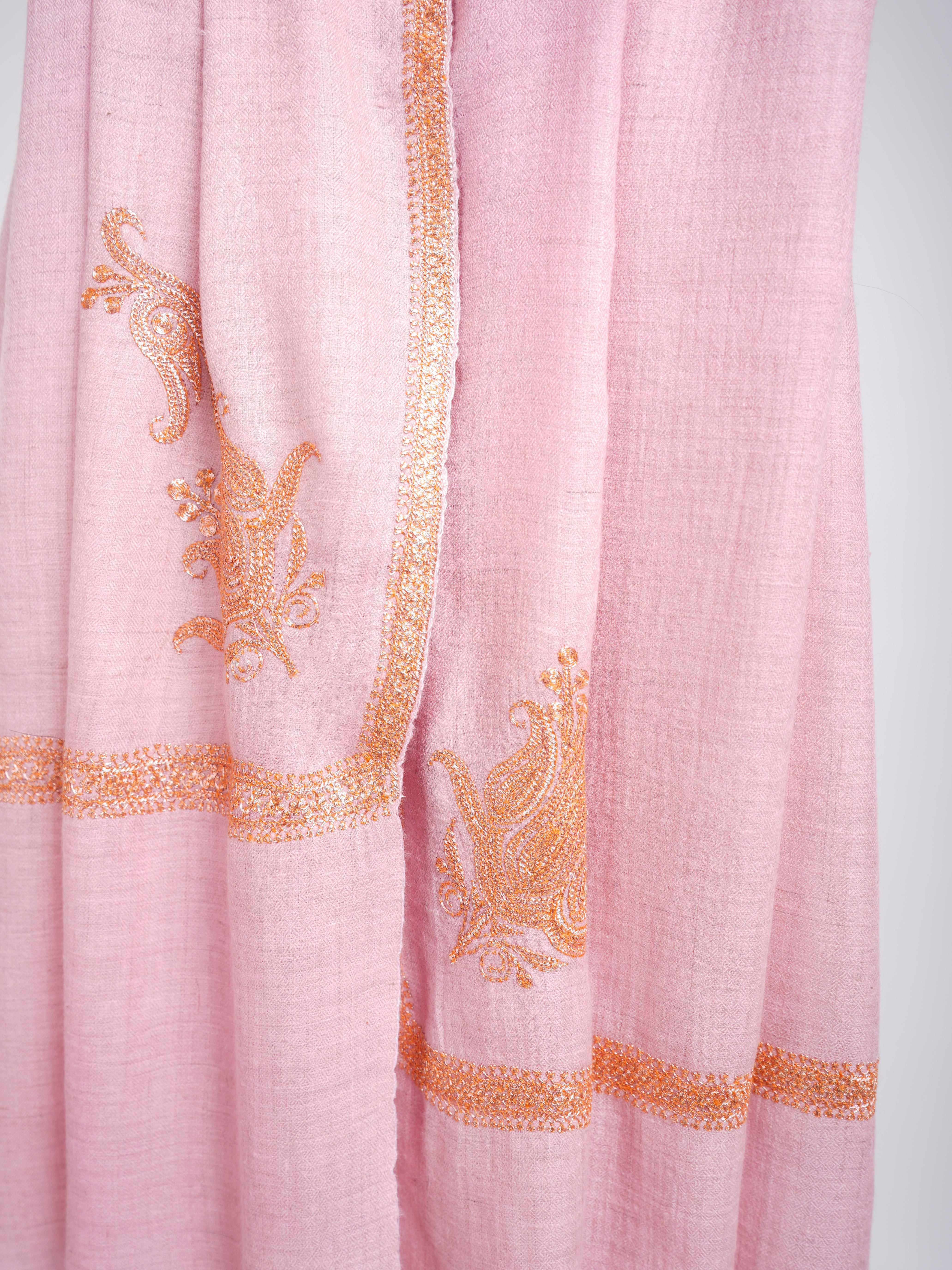 Tilla Work Golden Embroidery Pink Pashmina Shawl