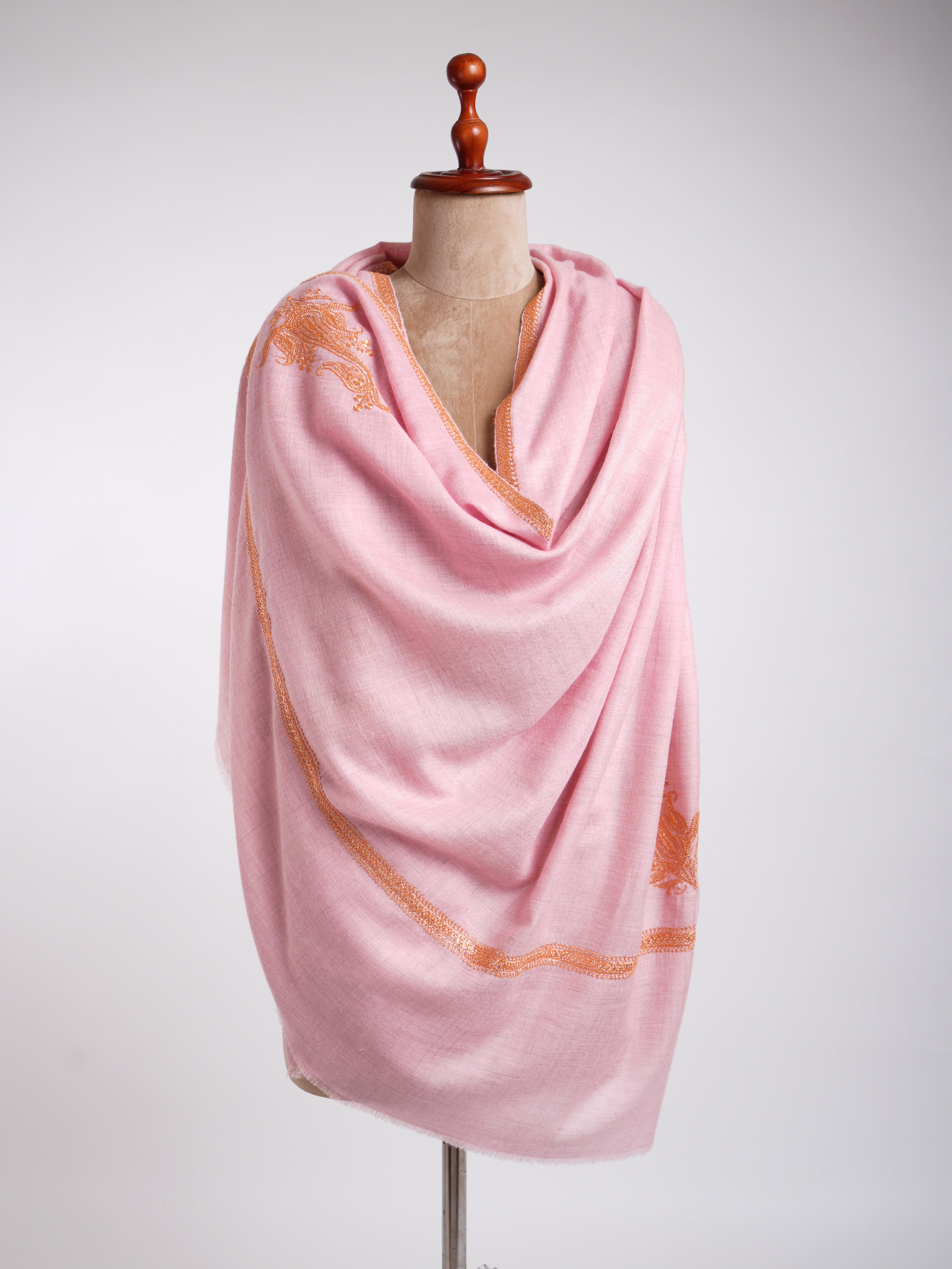 Tilla Work Golden Embroidery Pink Pashmina Shawl