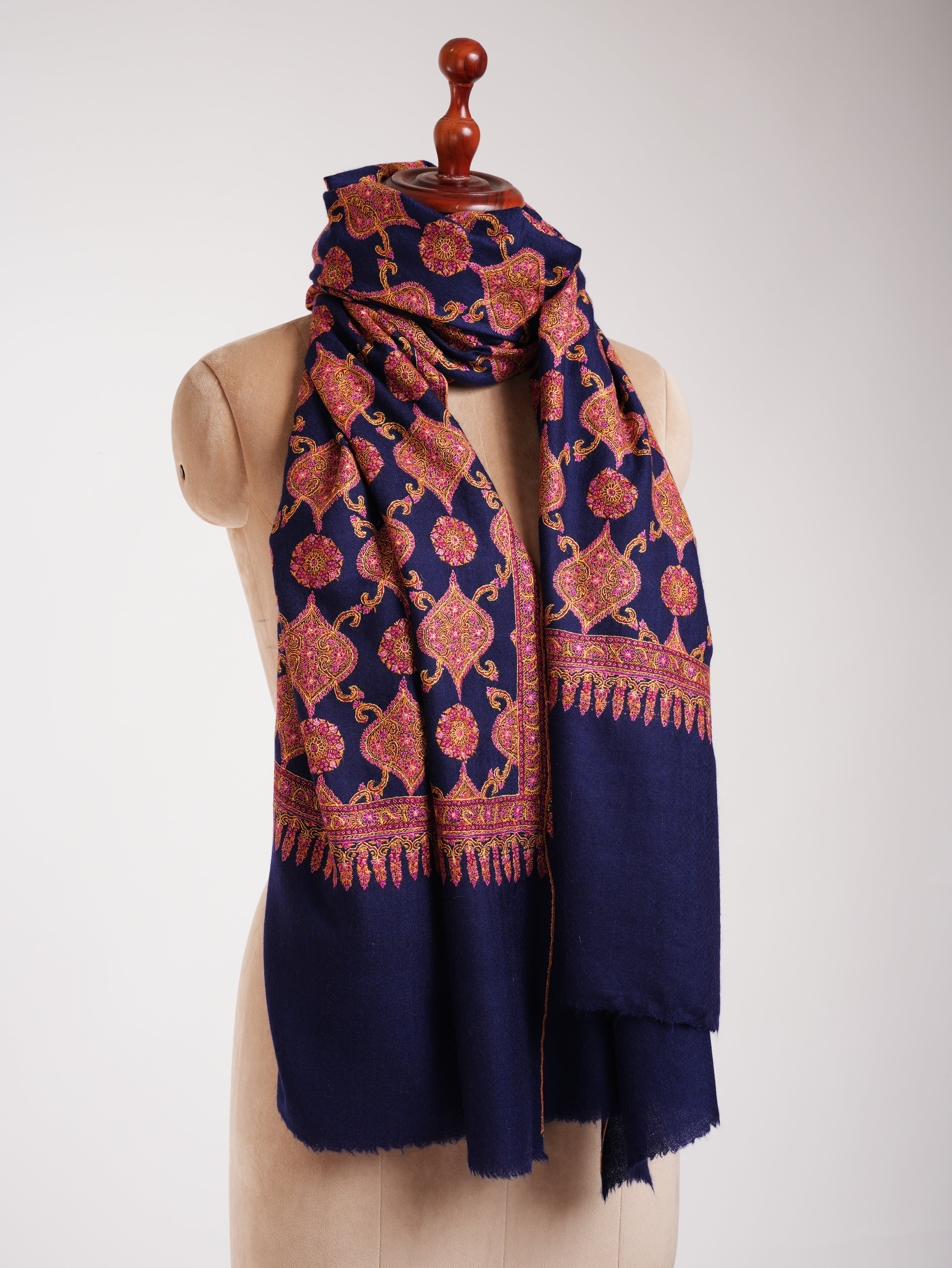 Navy Blue Sozni ricamato kashmir shawl jamavar