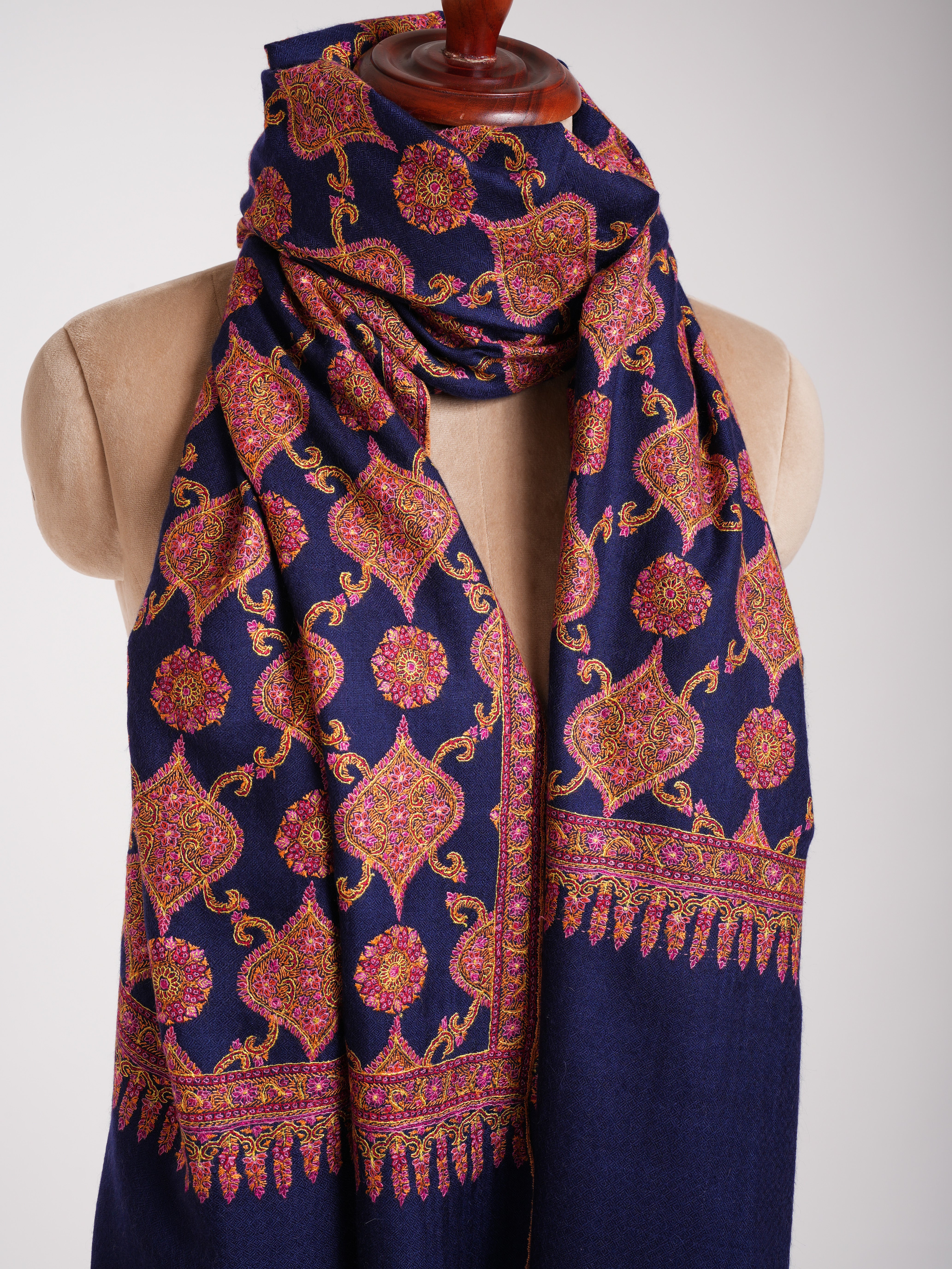Navy Blue Sozni ricamato kashmir shawl jamavar