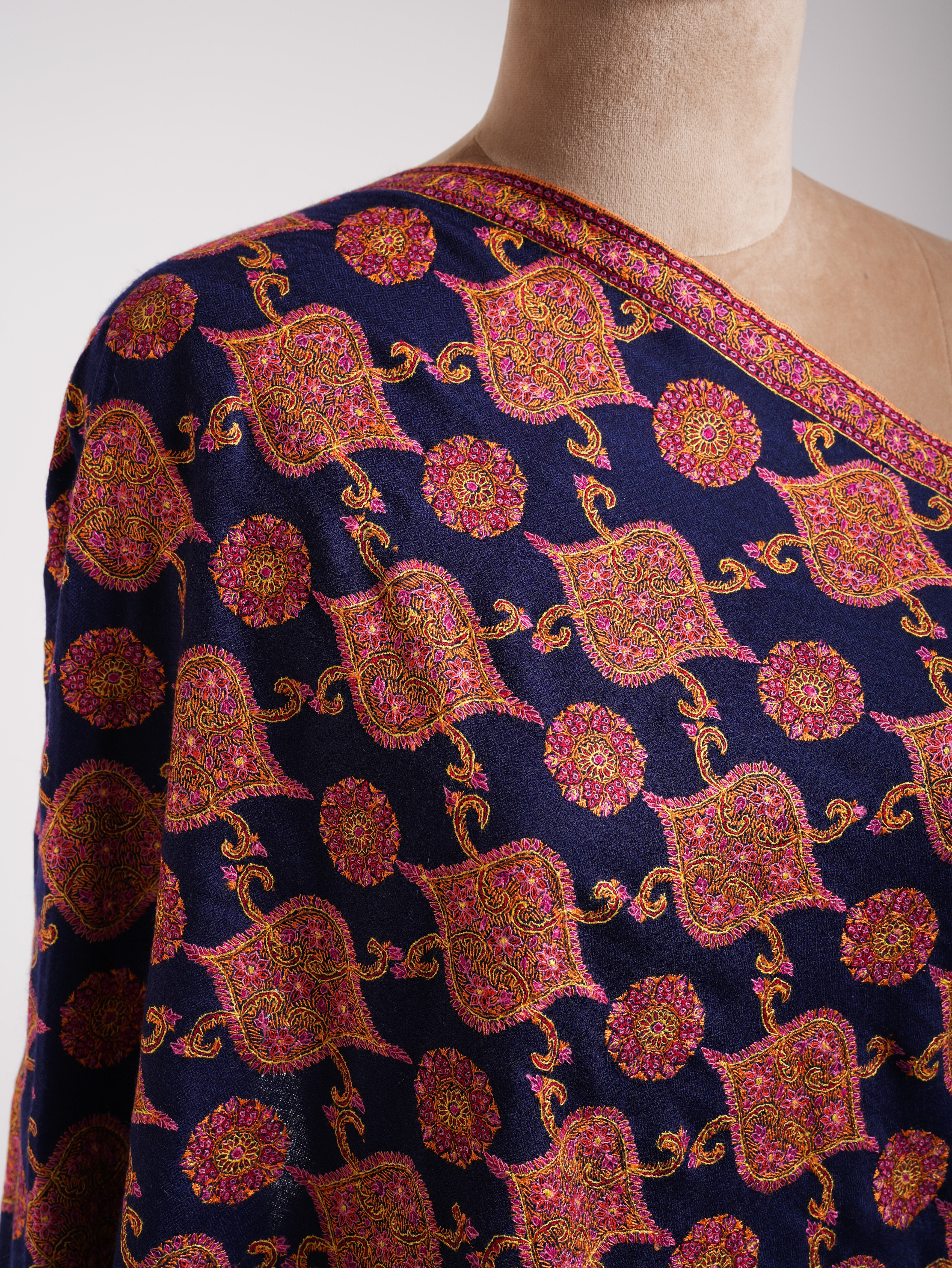 Navy Blue Sozni ricamato kashmir shawl jamavar
