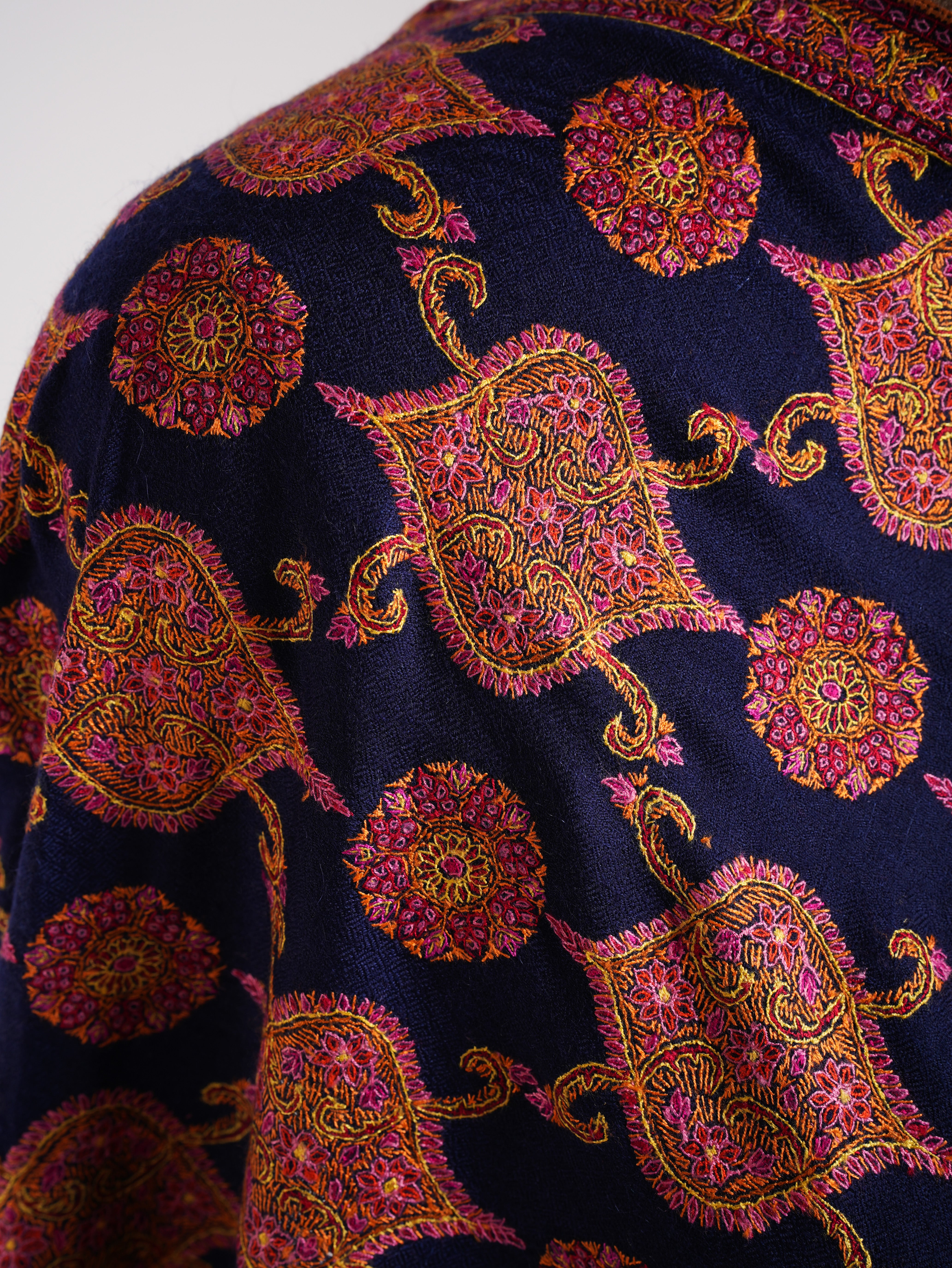 Navy Blue Sozni ricamato kashmir shawl jamavar