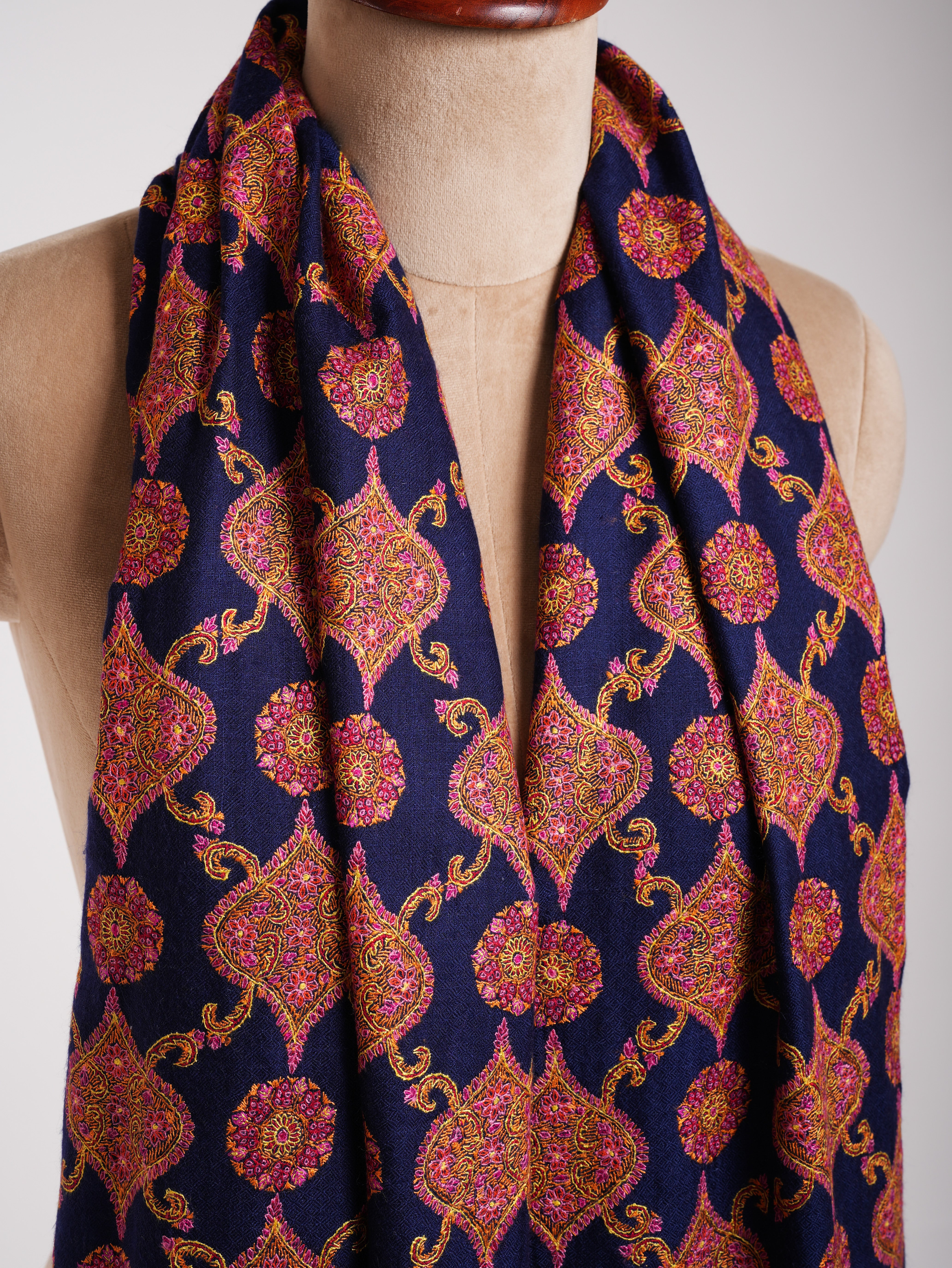 Navy Blue Sozni ricamato kashmir shawl jamavar