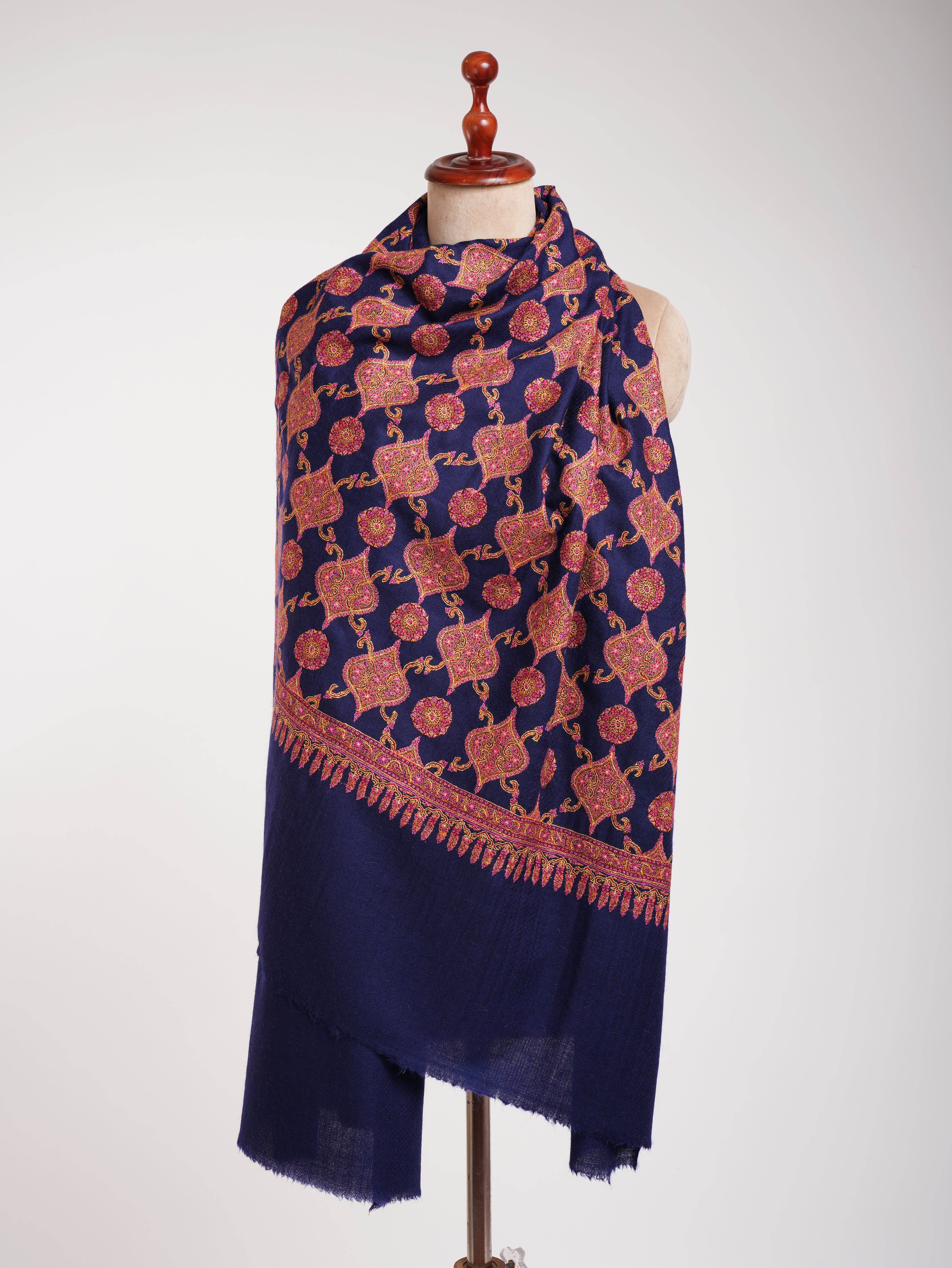 Navy Blue Sozni ricamato kashmir shawl jamavar
