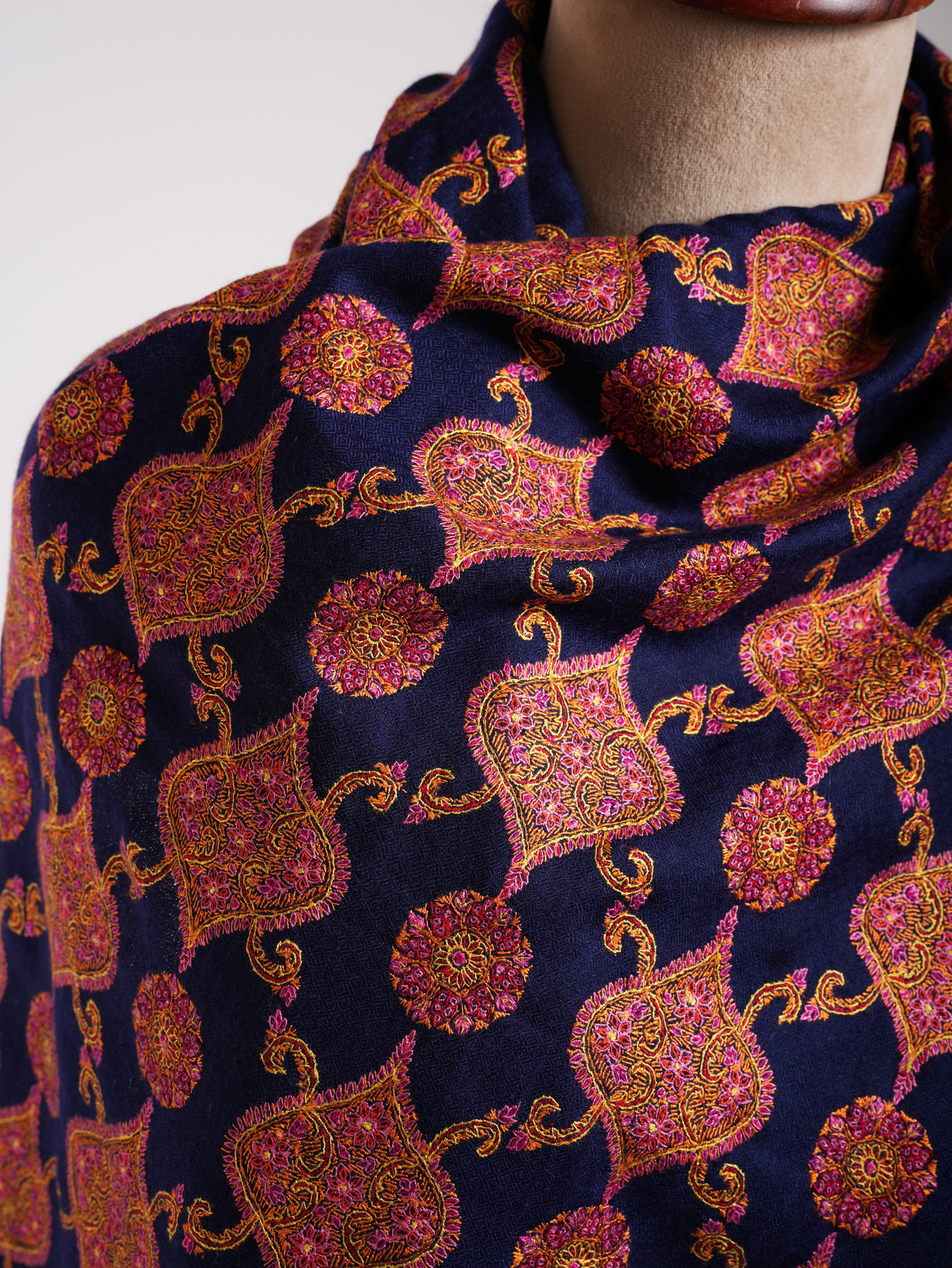 Navy Blue Sozni ricamato kashmir shawl jamavar