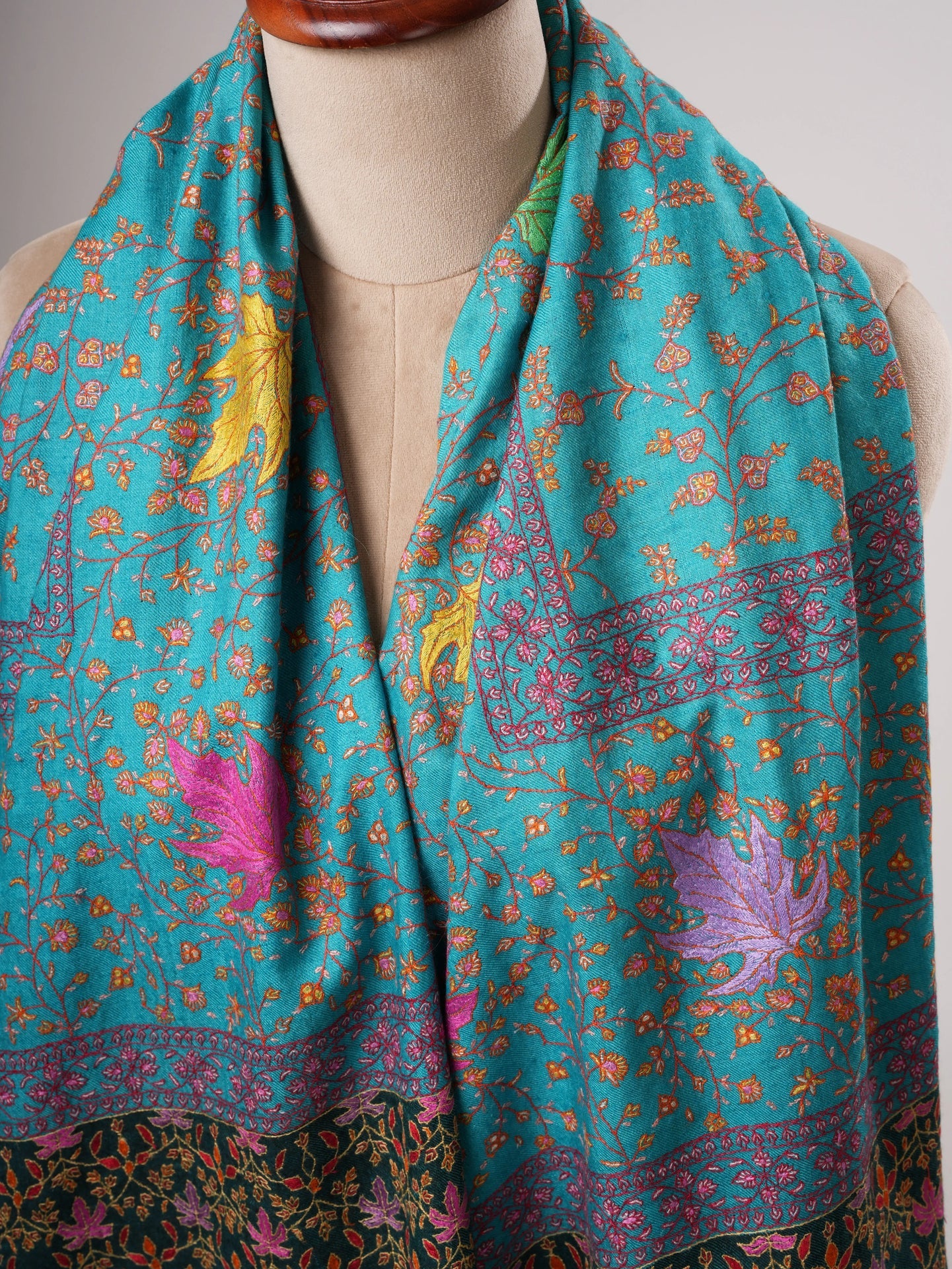 Turquoise Kashmiri Pashmina Shawl with Hand Embroidered Jali & Chinar Motifs Shahkaar