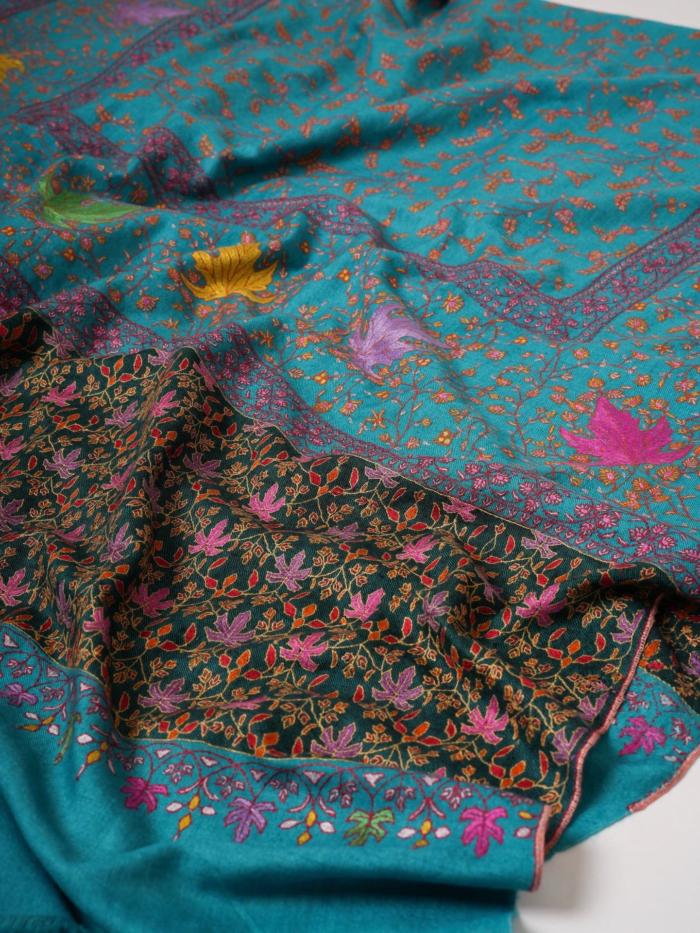 Turquoise Kashmiri Pashmina Shawl with Hand Embroidered Jali & Chinar Motifs Shahkaar