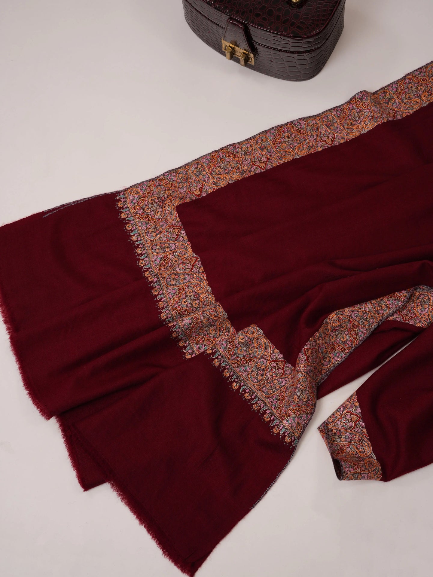 Maroon Daurdar Hand Embroidered Pure Pashmina Shawl Shahkaar.com