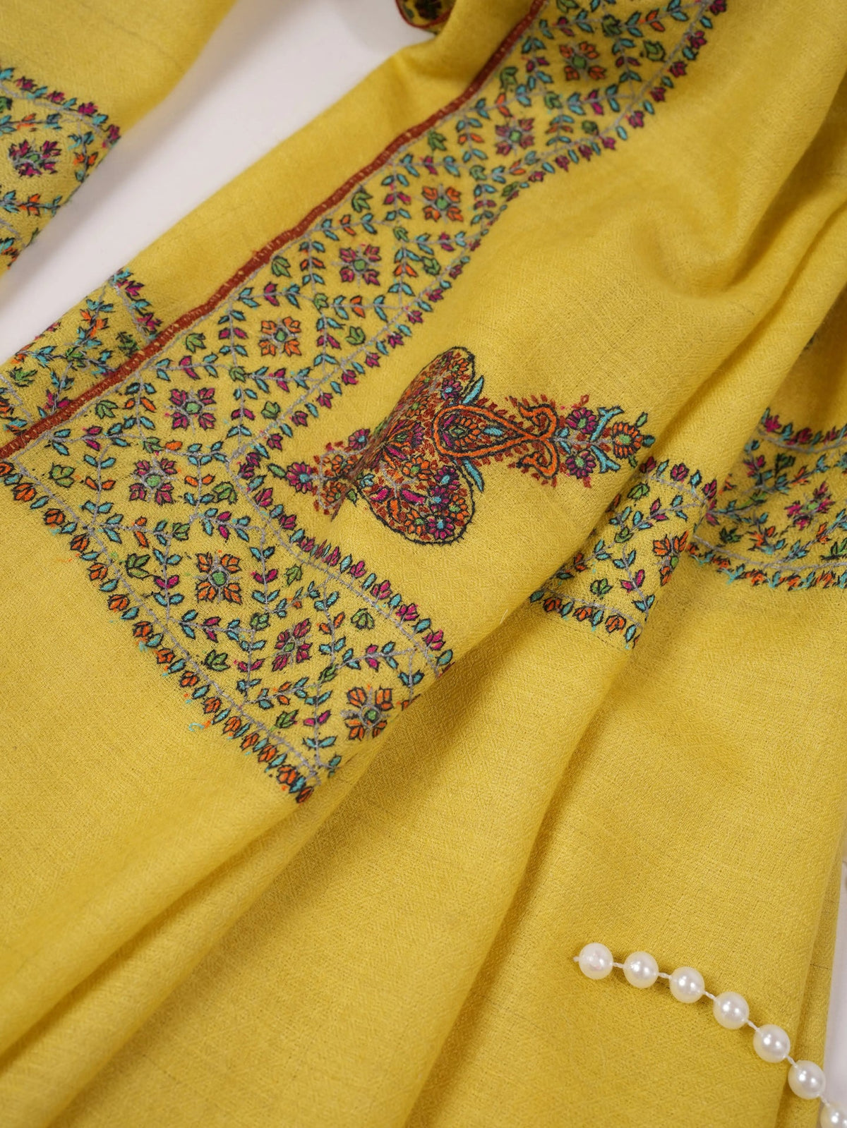 Lemon Yellow Handwoven Pashmina Shawl with Hand Embroidery Shahkaar.com