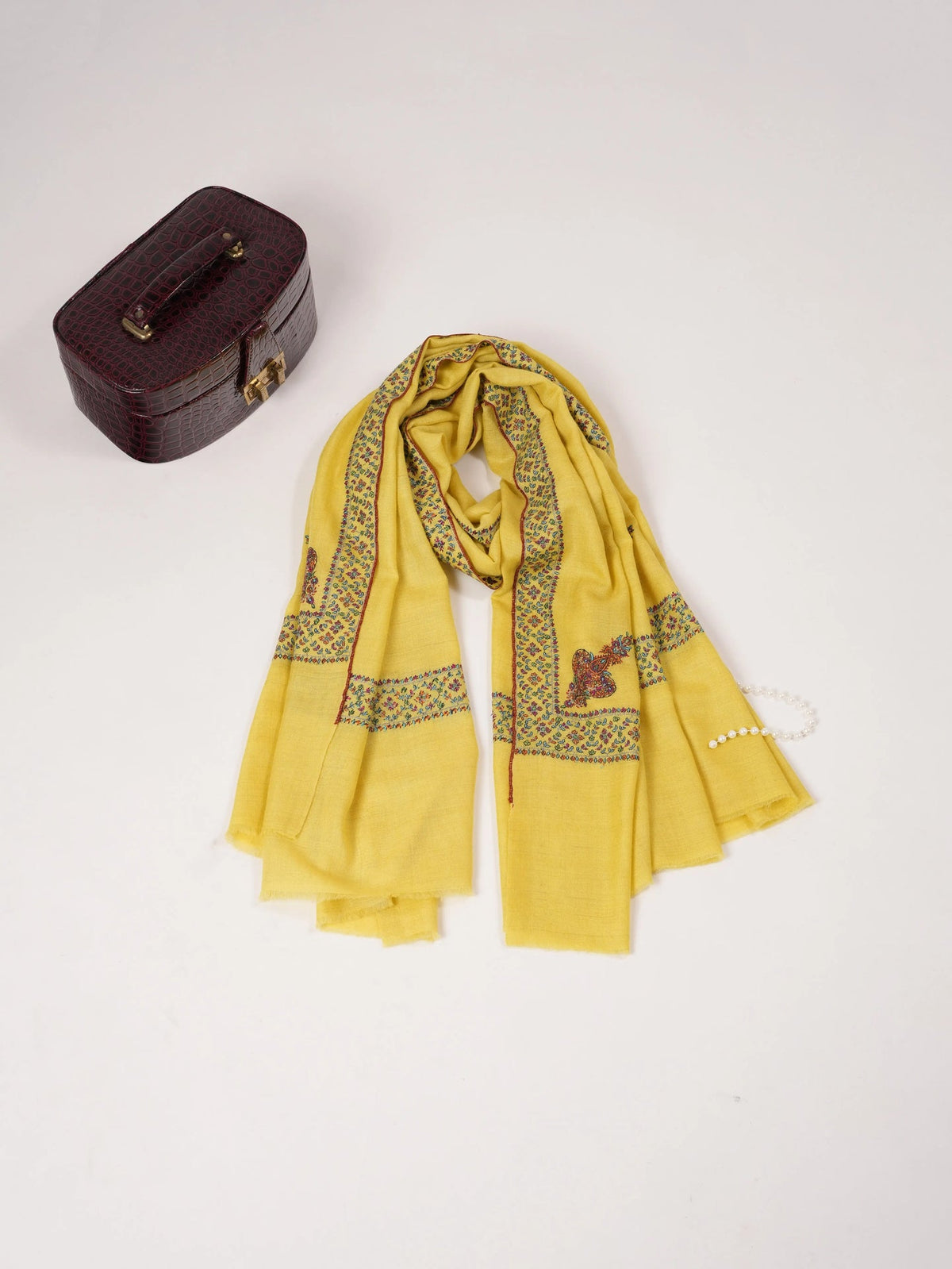 Lemon Yellow Handwoven Pashmina Shawl with Hand Embroidery Shahkaar.com