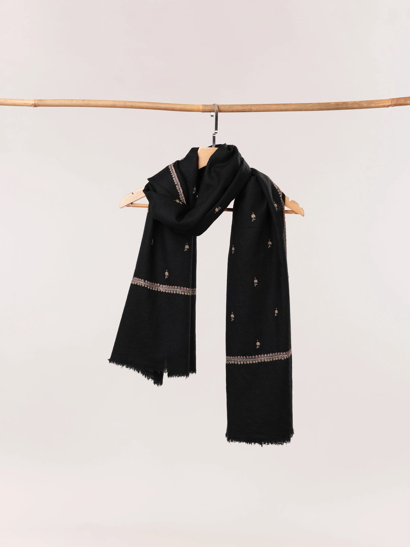 Black Machie Booti Hand Embroidered Pure Cashmere Scarf Shahkaar.com