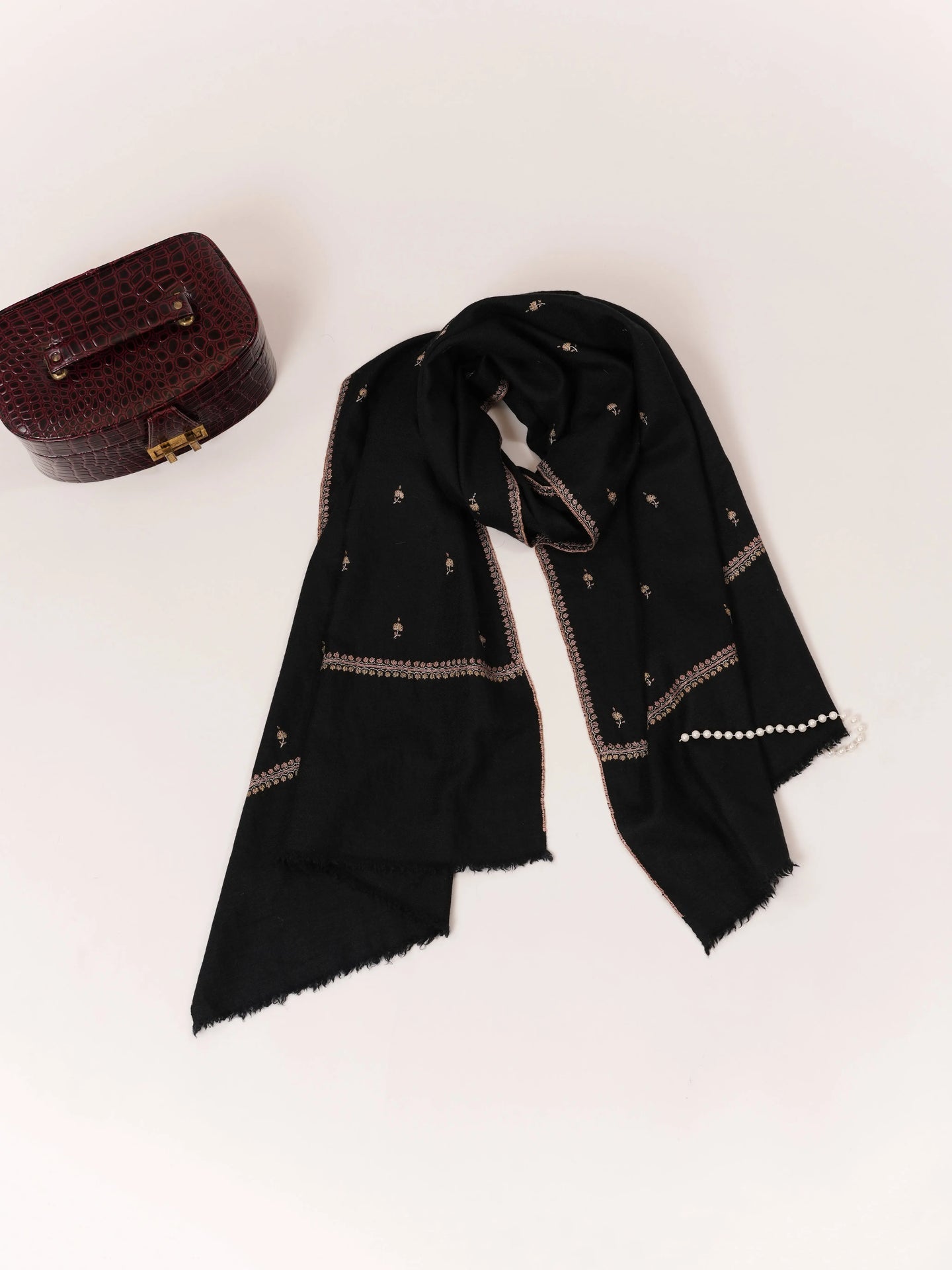 Black Machie Booti Hand Embroidered Pure Cashmere Scarf Shahkaar.com