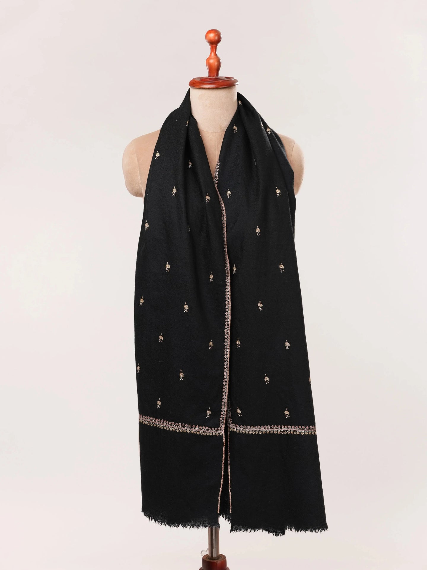 Black Machie Booti Hand Embroidered Pure Cashmere Scarf Shahkaar.com