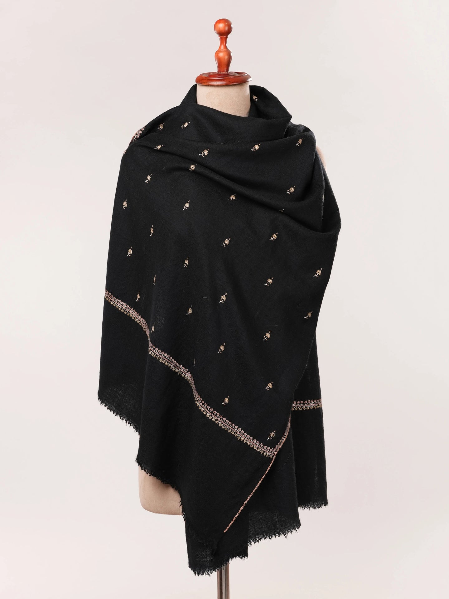 Black Machie Booti Hand Embroidered Pure Cashmere Scarf Shahkaar.com