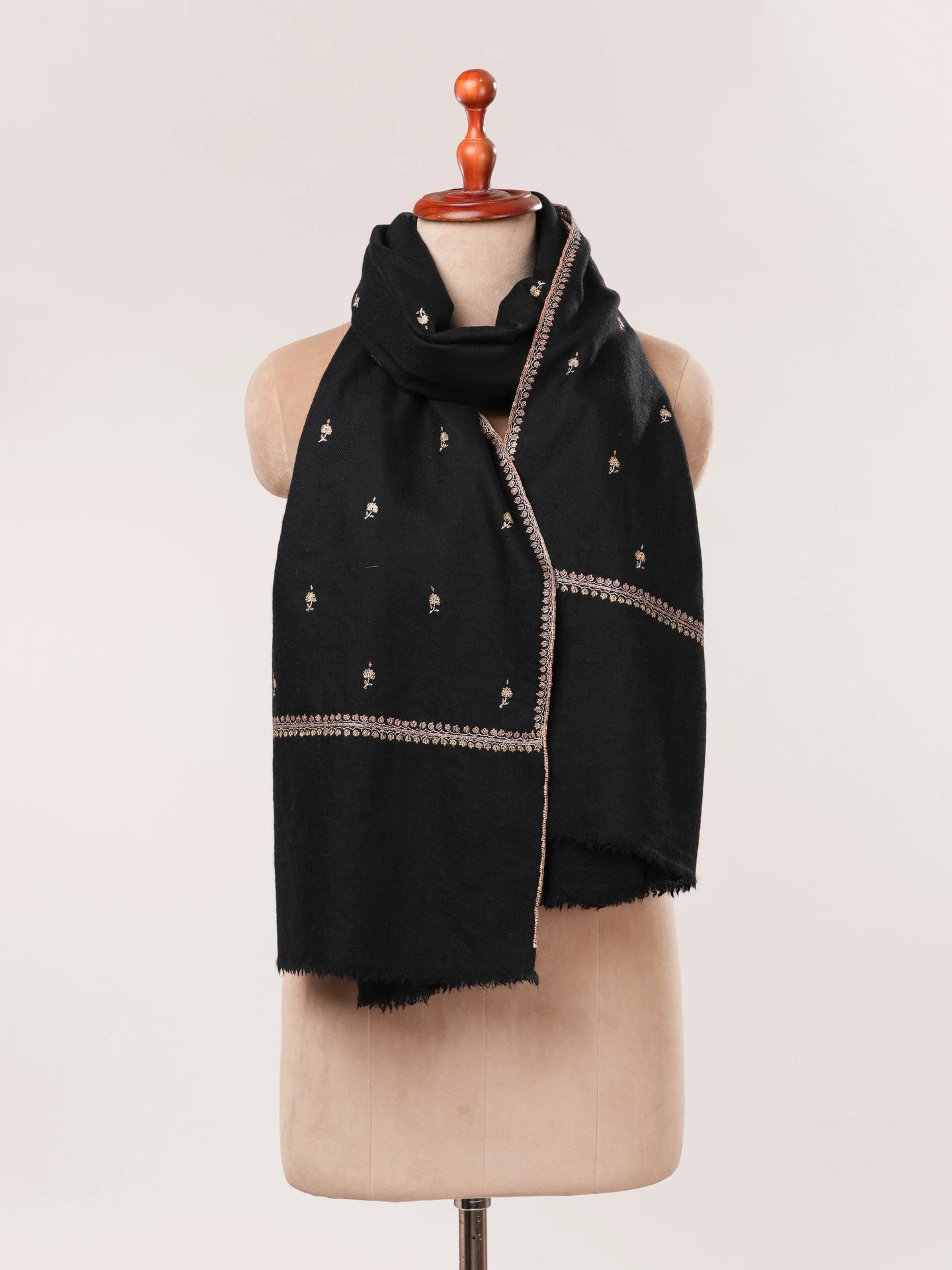 Black Machie Booti Hand Embroidered Pure Cashmere Scarf Shahkaar.com