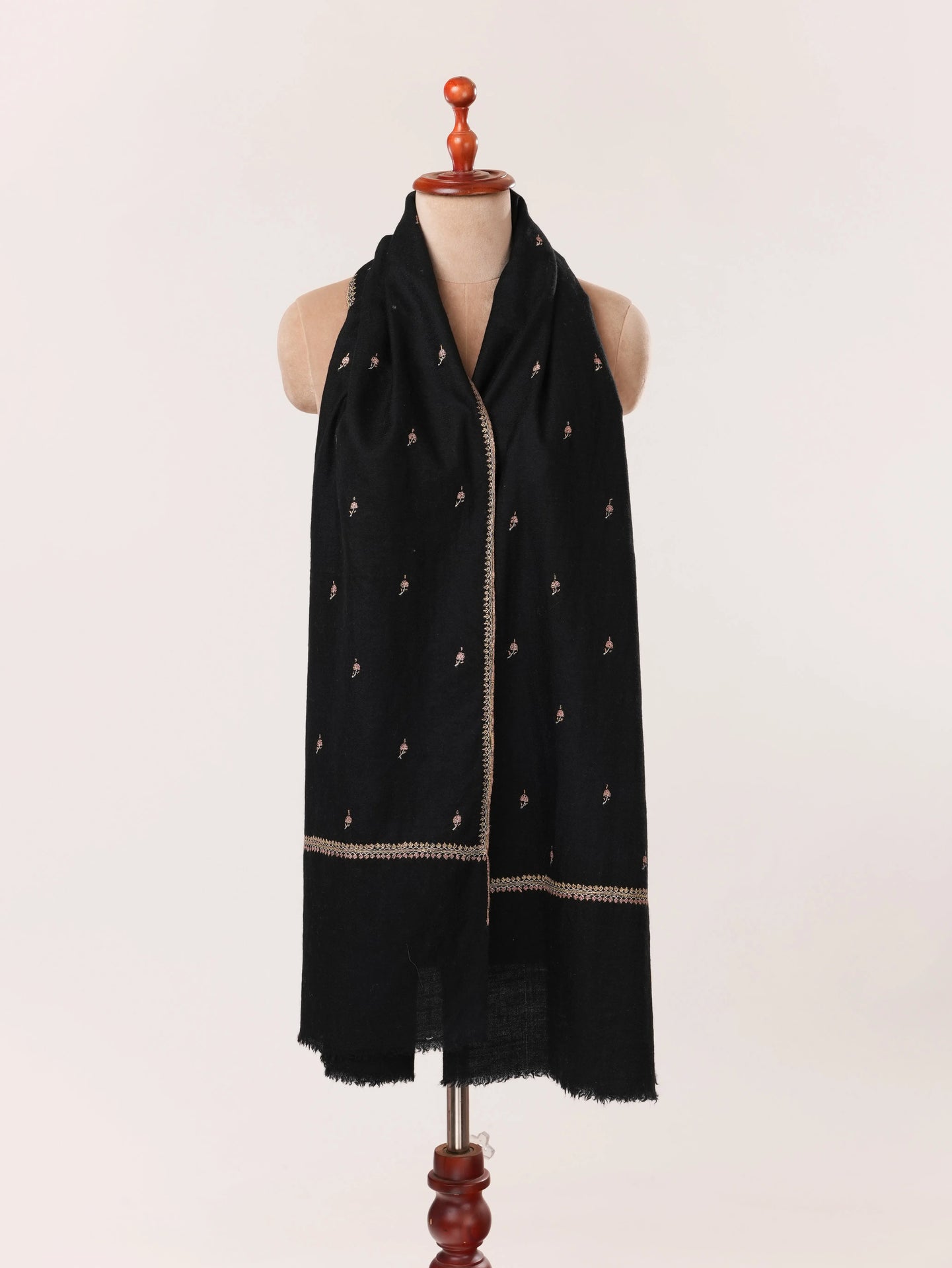 Kashmiri Black Handwoven Cashmere Scarf with Machie Buteh Sozni Embroidery Shahkaar.com