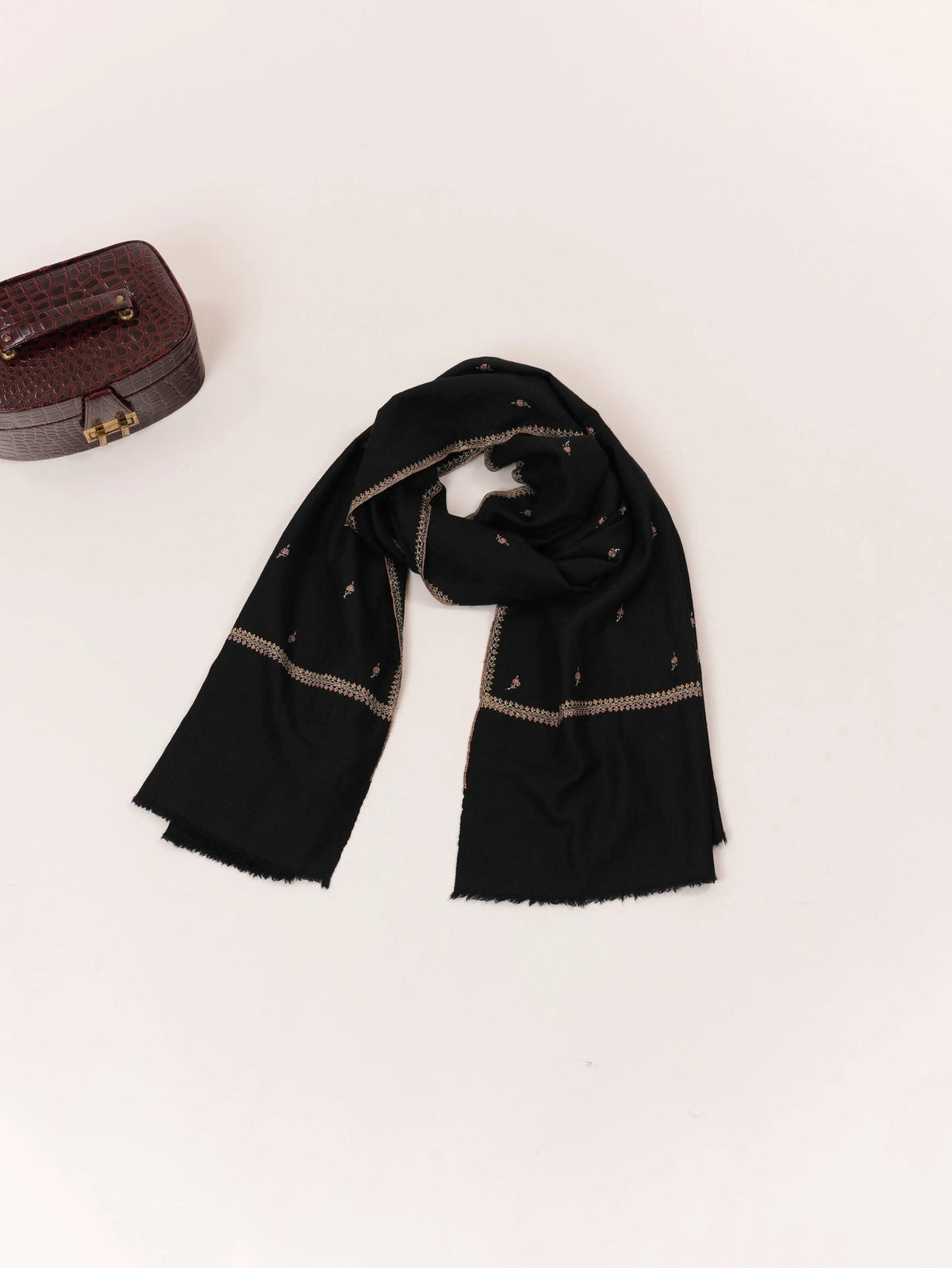 Kashmiri Black Handwoven Cashmere Scarf with Machie Buteh Sozni Embroidery Shahkaar.com